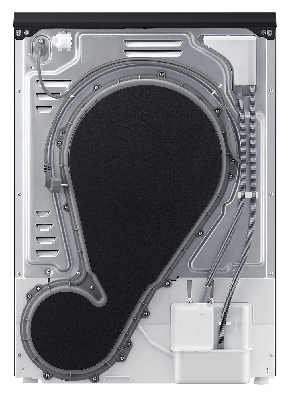 Tył suszarki. Posiada duży okrągły otwór, otoczony szarymi plastikowymi rurkami. Metalowa rama i białe plastikowe elementy.