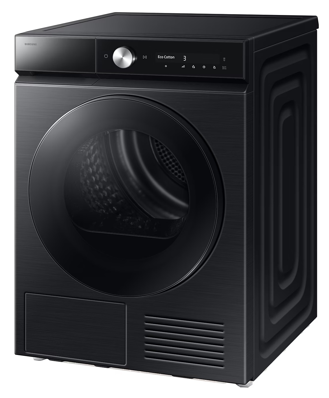 Czarna suszarka Samsung. Okrągłe drzwi, panel sterowania z wyświetlaczem i przyciskami. Szczotkowane metalowe wykończenie, elegancki design.