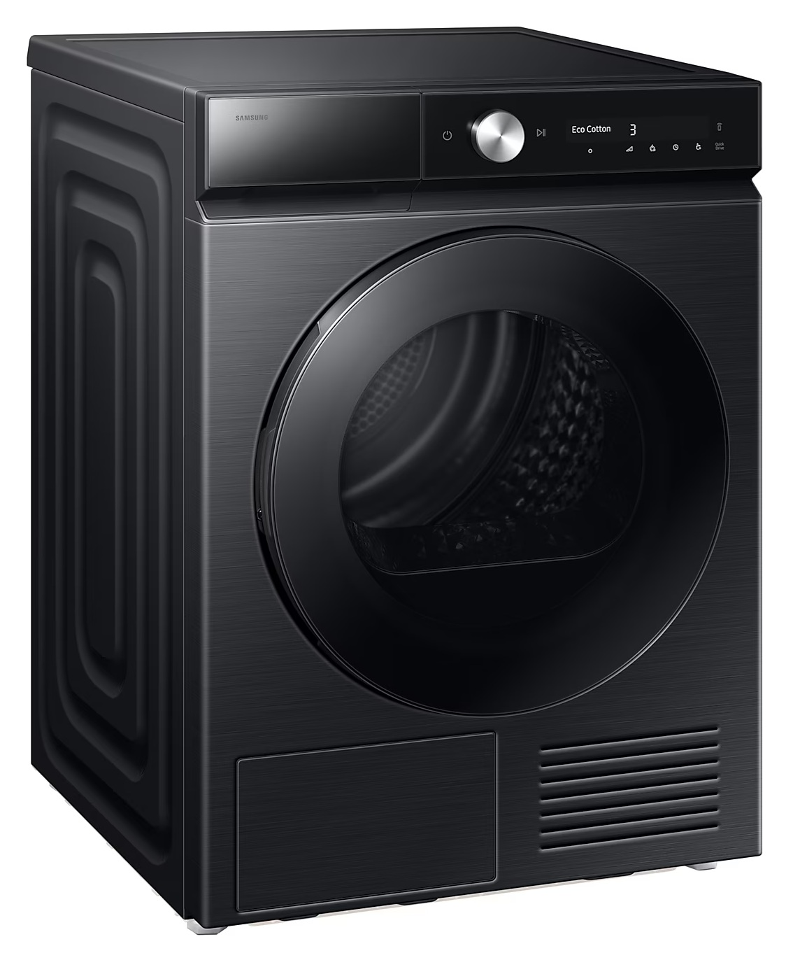 Czarna suszarka Samsung. Ma okrągłe drzwi, panel sterowania i otwór wentylacyjny na dole. Design jest nowoczesny i elegancki.