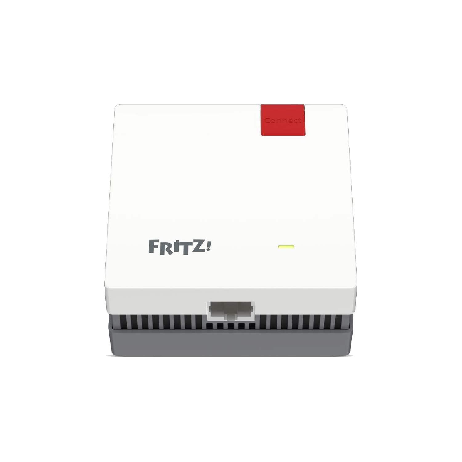 A white and gray Fritz!Box device, with a red 'Connect' button on top. The device has the brand logo on the front.