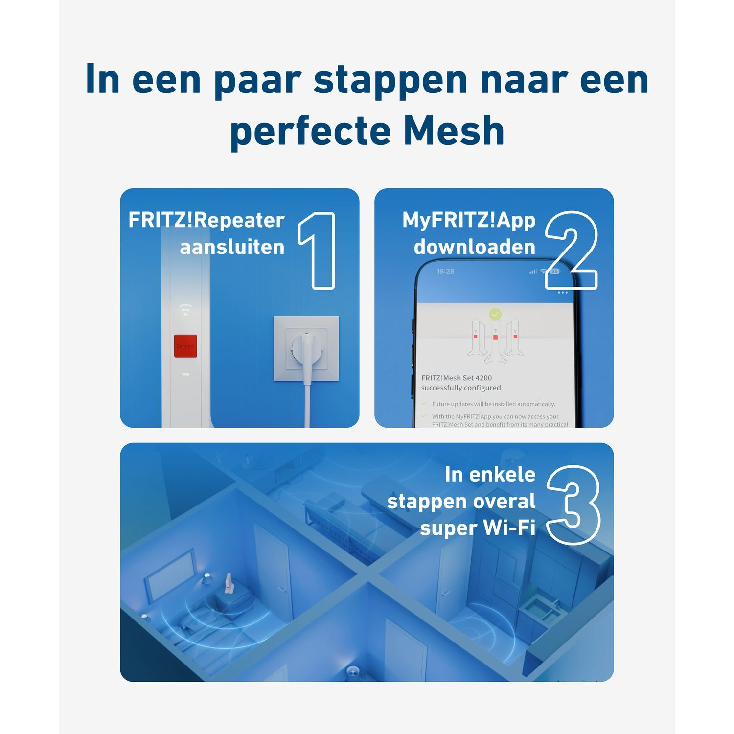Infographic shows steps to set up a Mesh network: connect repeater, download app, and enjoy Wi-Fi throughout the home.