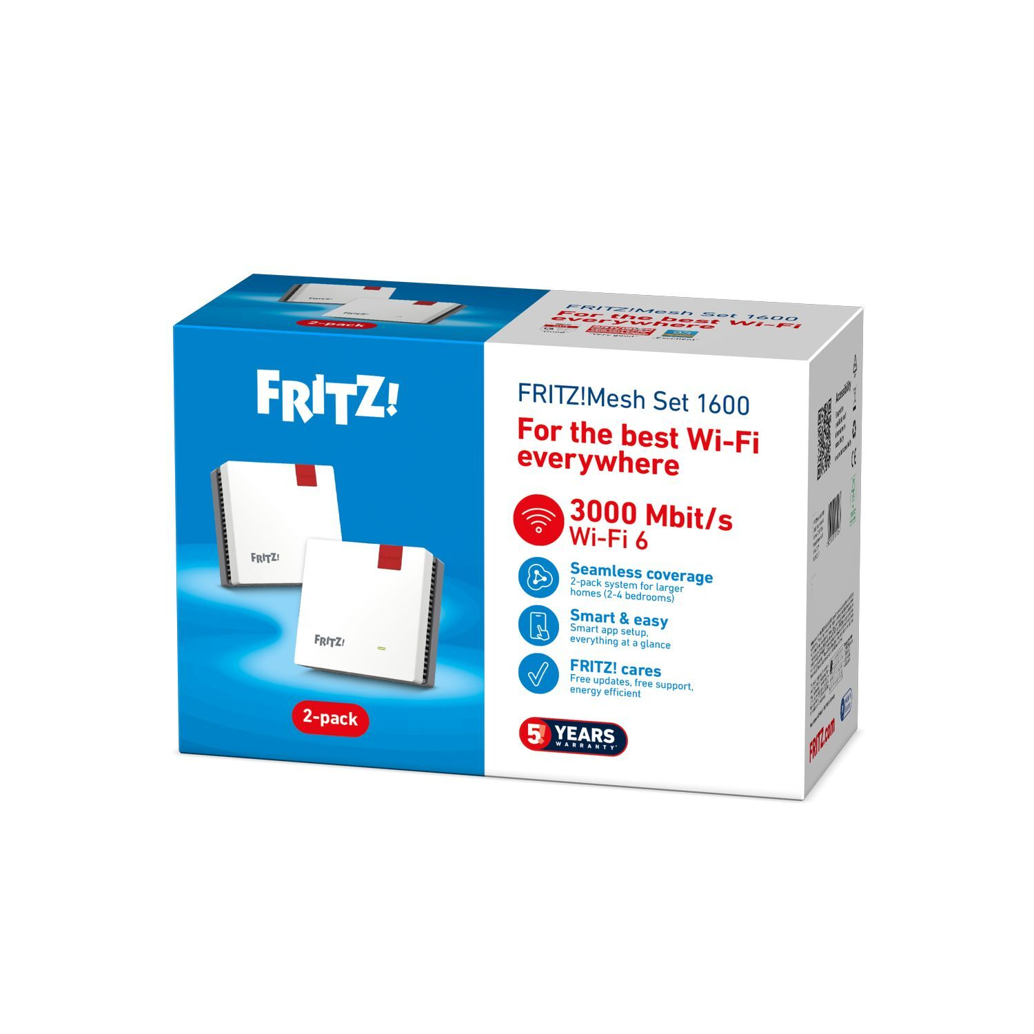 Box of FRITZ!Mesh Set 1600 Wi-Fi 6. Contains two white routers. Features: 3000 Mbit/s, seamless coverage, smart setup, and 5-year warranty.