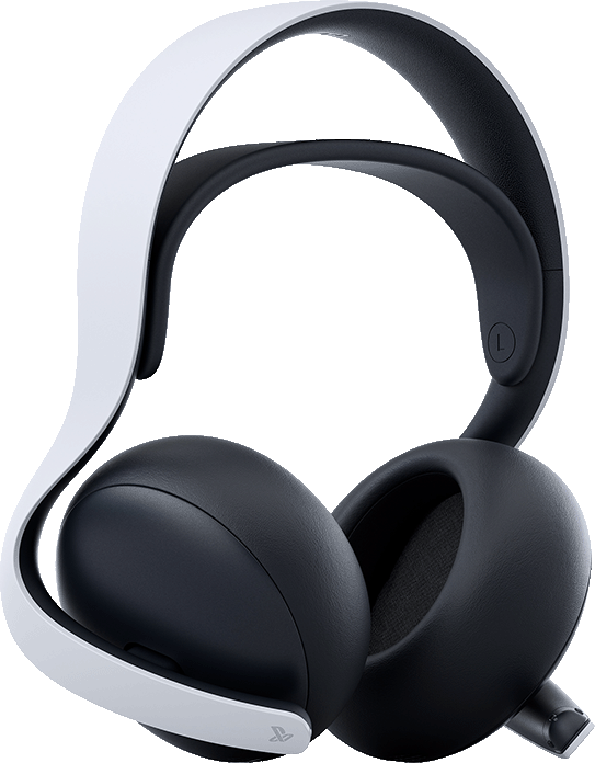 Egy fekete-fehér PlayStation 5 headset. A headset fehér fejpánttal, ívelt karokkal és fekete fülhallgatókkal rendelkezik.
