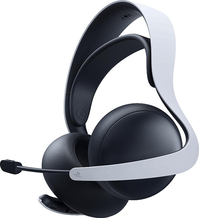 Fekete-fehér PlayStation 5 gamer headset, mikrofonnal és PlayStation logóval.