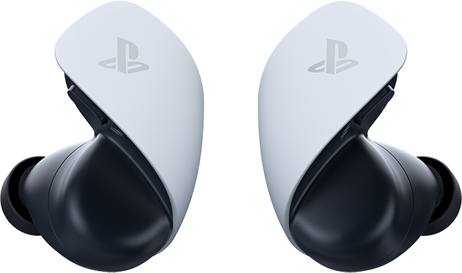 Két vezeték nélküli fülhallgató. Mindegyik fülhallgató fehér külső panellel rendelkezik, rajta a PlayStation logóval. A test fekete.