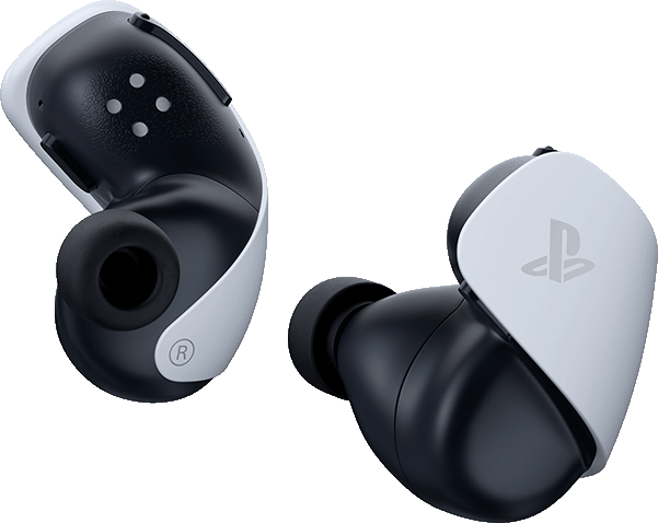 Két fekete-fehér PlayStation fülhallgató. Az egyik a PlayStation logót mutatja. Mindkettő gumiheggyel rendelkezik, és egymás felé vannak döntve.