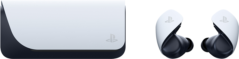A képen egy fehér és sötétkék PlayStation 5 töltőtok és két hozzáillő fülhallgató látható a PlayStation logóval.