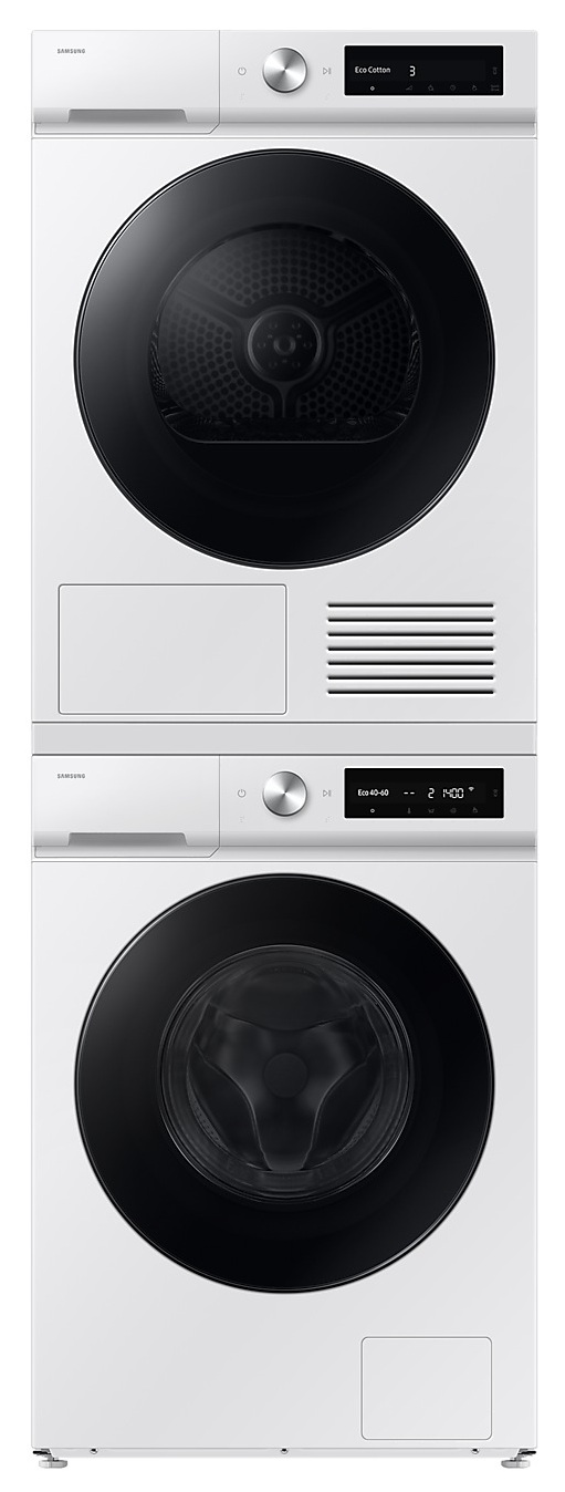 Biała pralka i suszarka Samsung ułożone w stos. Każda ma czarne drzwi. Suszarka wyświetla 'Eco Cotton 3'.
