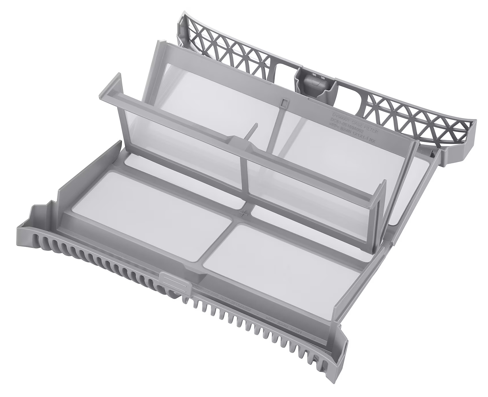 Jasnoszary filtr do suszarki. Ma prostokątną ramę z siatką i szereg zazębiających się zakładek.