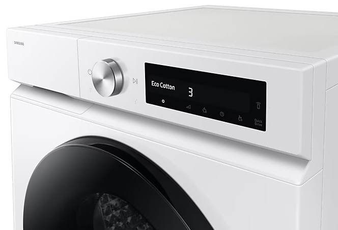 Biała pralka z czarnymi drzwiami. Ma panel sterowania z pokrętłem i wyświetlaczem z napisem 'Eco Cotton' oraz cyfrą '3'.