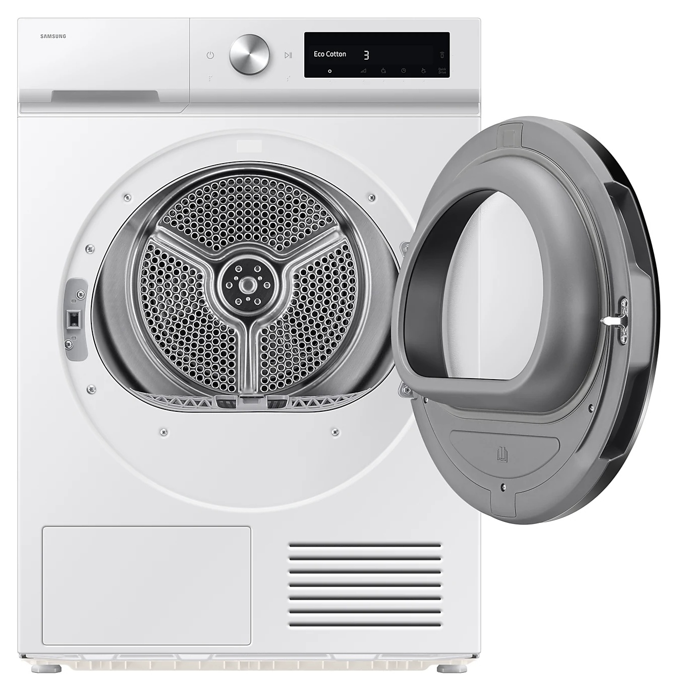 Biała suszarka Samsung z otwartymi drzwiami, pokazująca bęben. Drzwi są szare. Panel sterowania wyświetla ustawienia.
