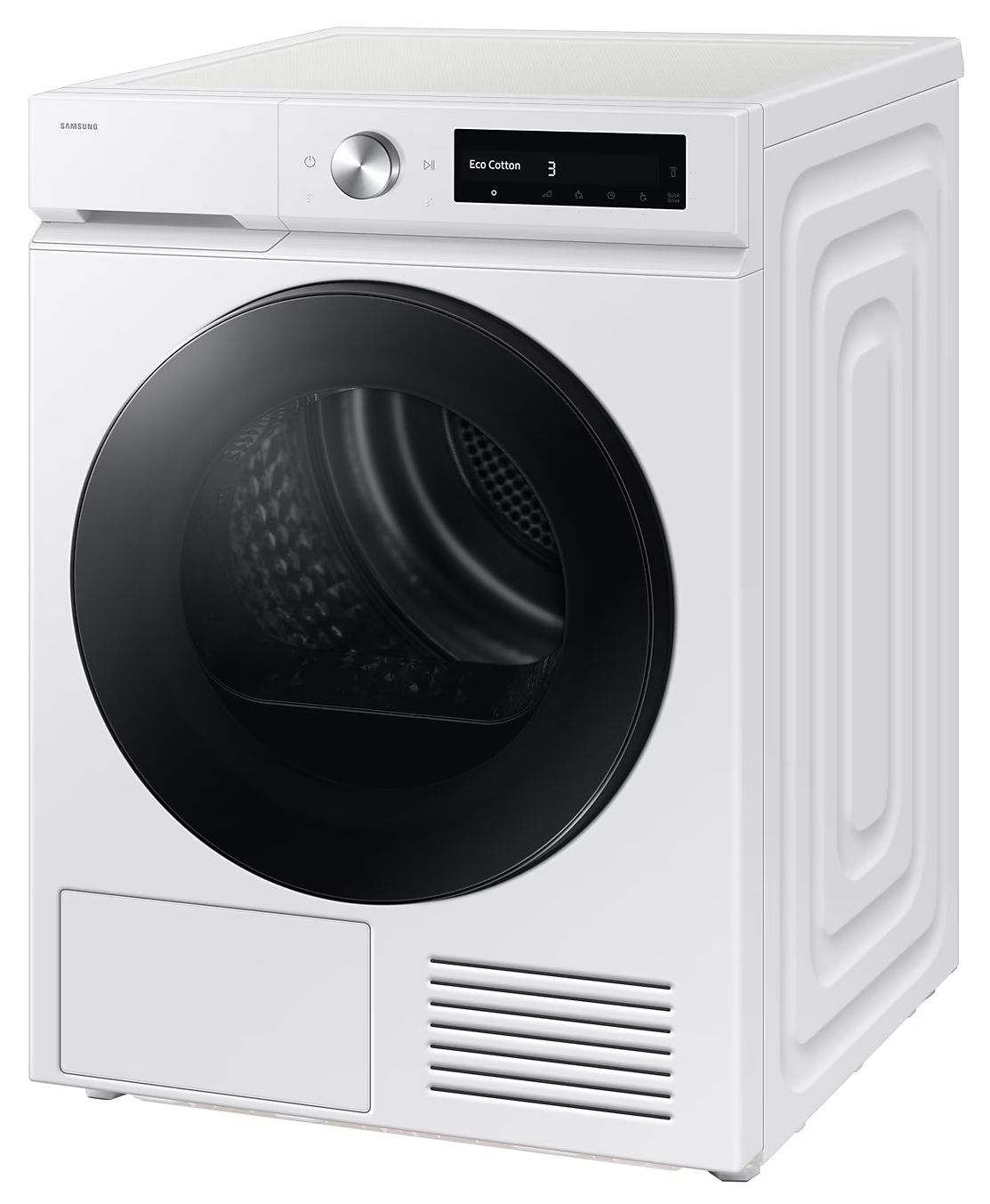 Biała suszarka Samsung z czarnymi drzwiami. Ma cyfrowy wyświetlacz i pokrętło sterowania. Design jest nowoczesny, z gładkimi liniami.