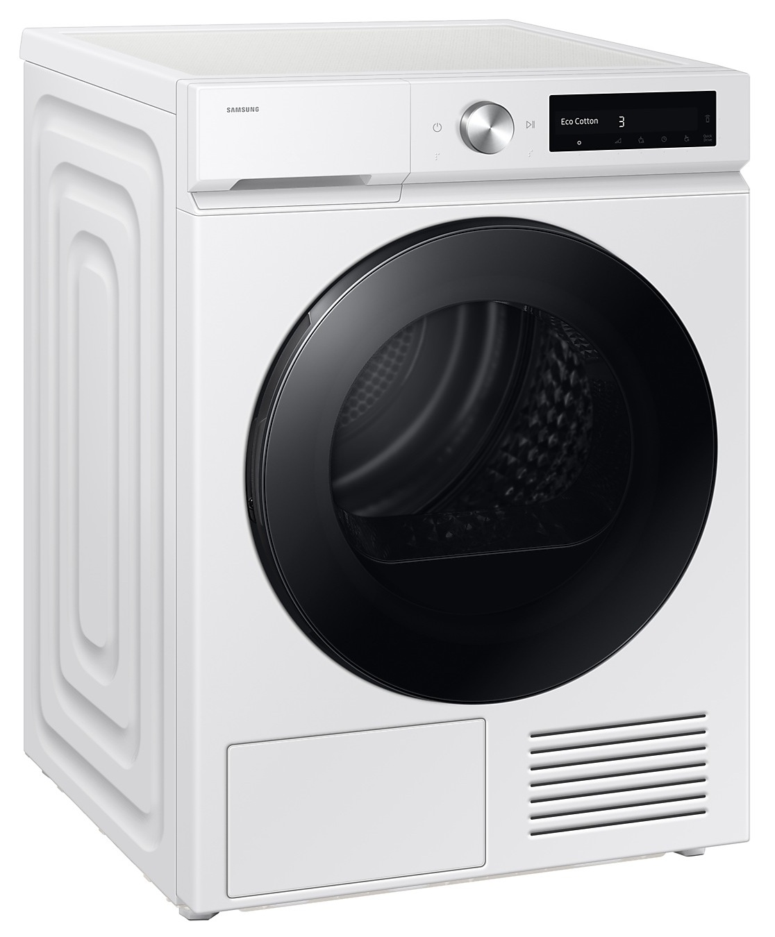 Biała suszarka Samsung z czarnymi drzwiami. Ma panel sterowania z wyświetlaczem i przyciskami. Design jest nowoczesny.