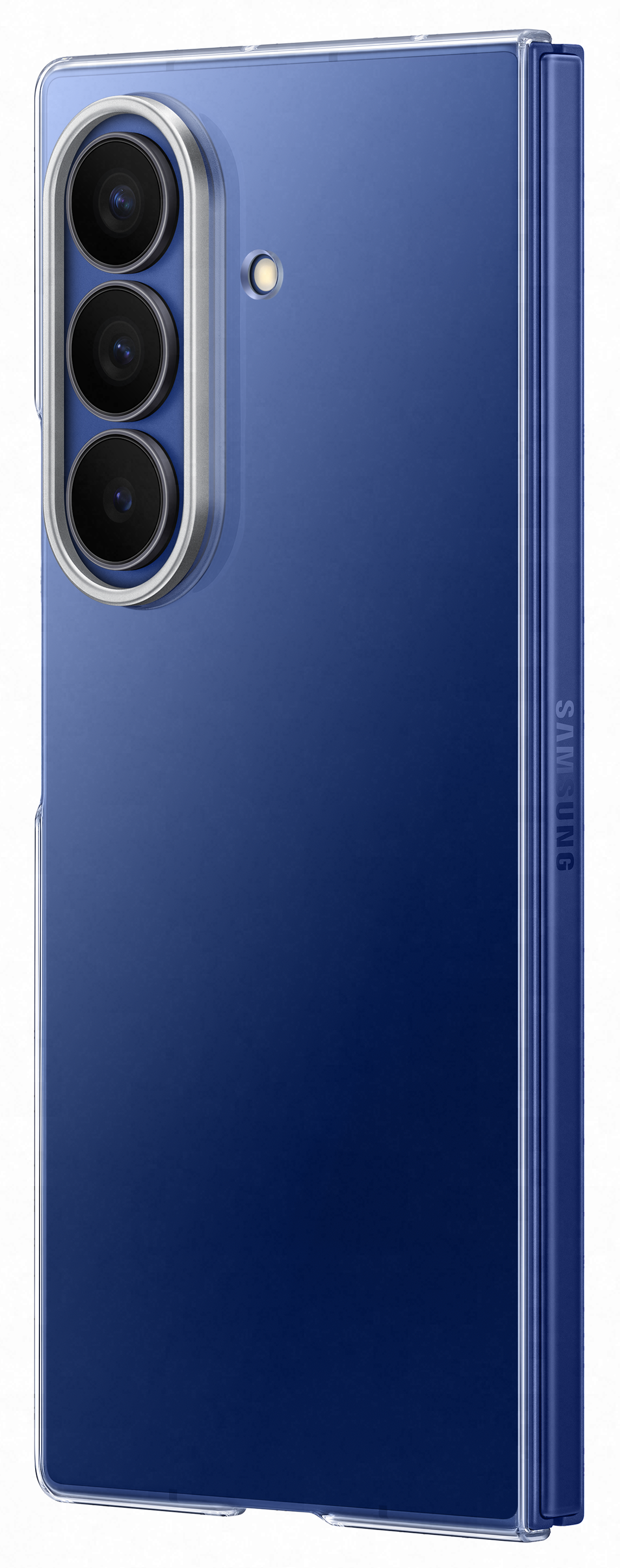 Niebieski telefon Samsung z przezroczystym etui. Widoczne są obiektywy aparatu i logo Samsung. Telefon znajduje się na białym tle.