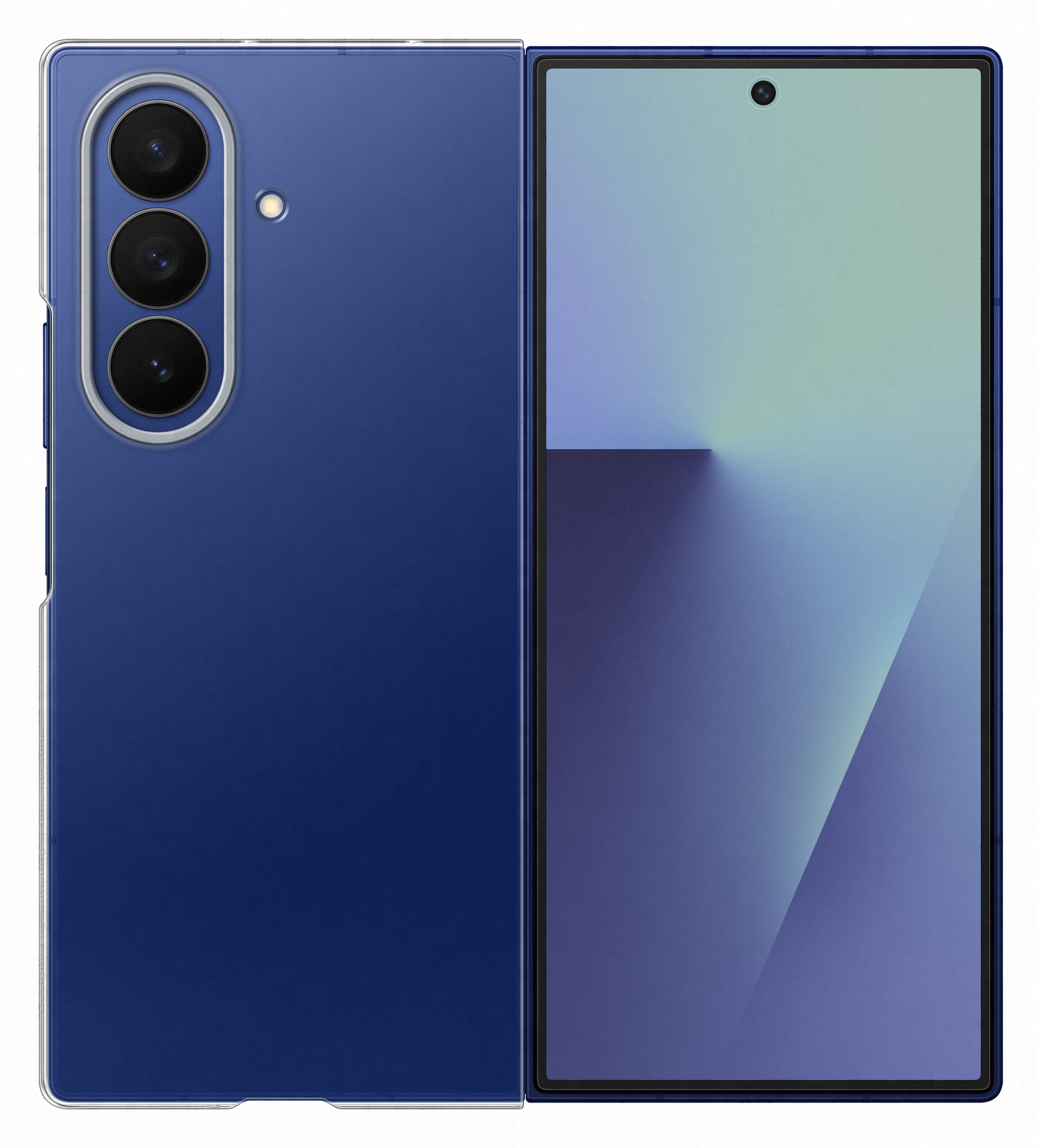 Niebieski, składany smartfon jest pokazany otwarty. Ma trzy tylne kamery i jedną przednią.