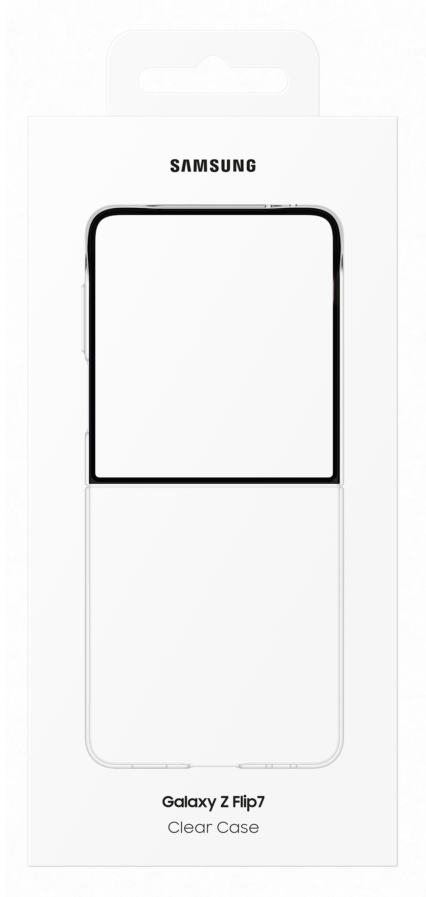 Białe pudełko z przezroczystym etui na telefon. Z logo Samsung i tekstem Galaxy Z Flip7.