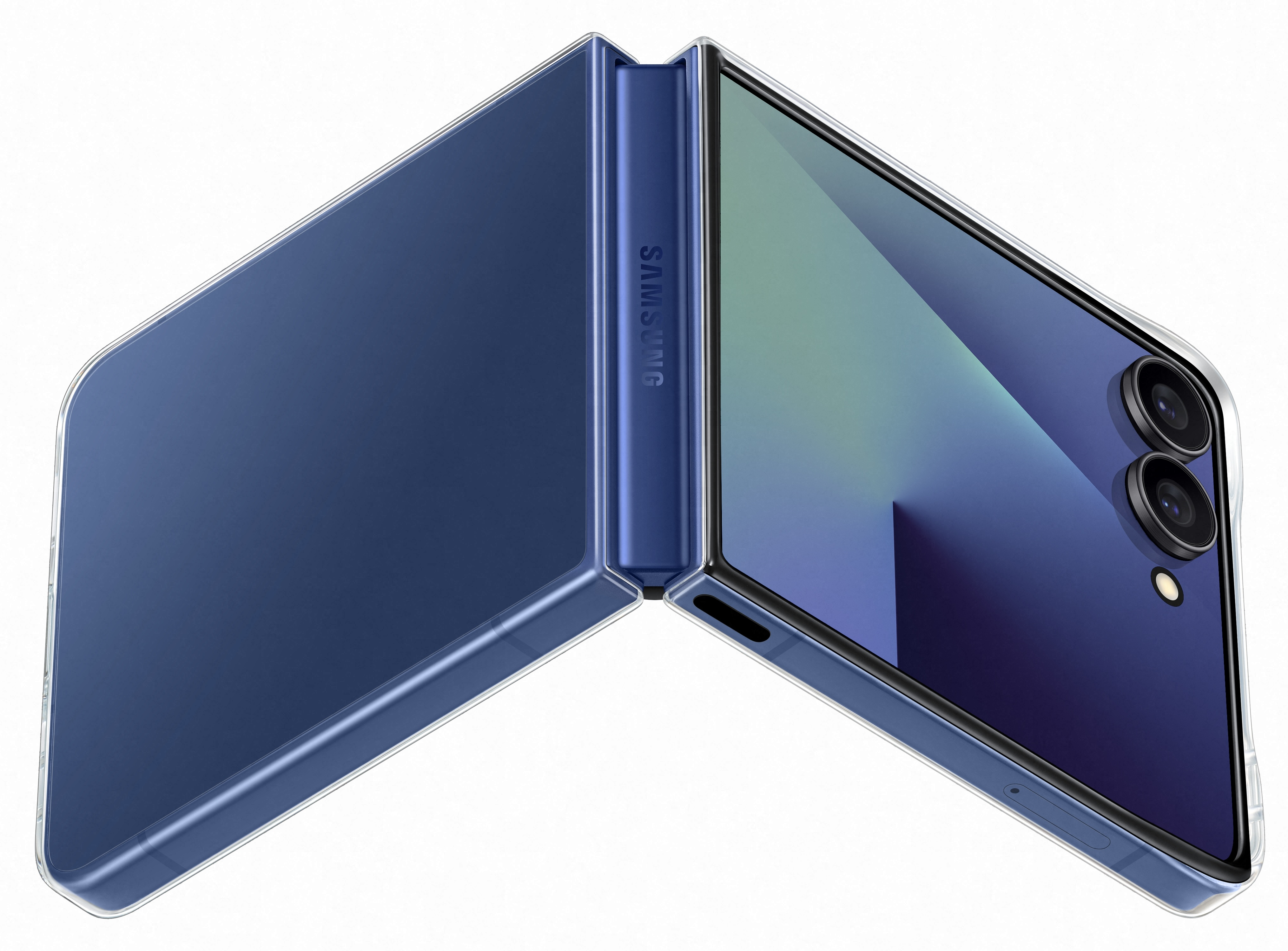 Niebieski, składany smartfon jest wyświetlany otwarty. Widoczne jest logo Samsung. Tło jest białe.