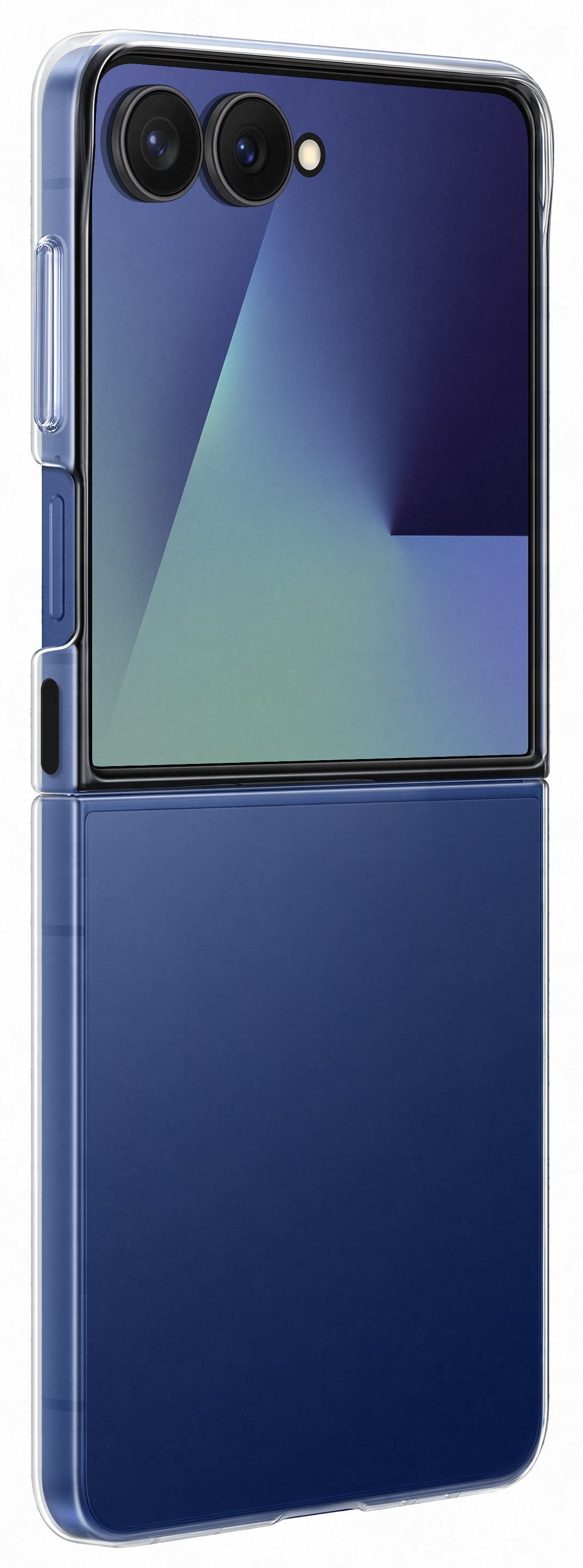 Niebieski składany telefon, częściowo otwarty, w przezroczystym etui. Telefon ma podwójne aparaty i ekran z gradientami kolorów.