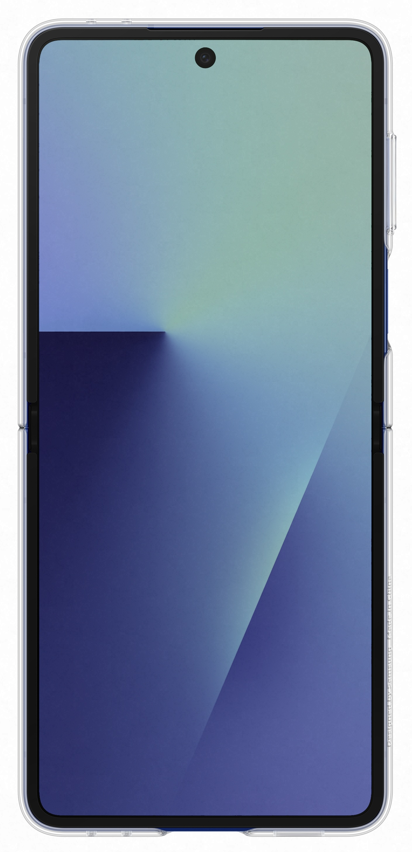 Smartfon z gradientowym niebieskim ekranem w przezroczystym etui. Ekran ma aparat. Ramka jest czarna.