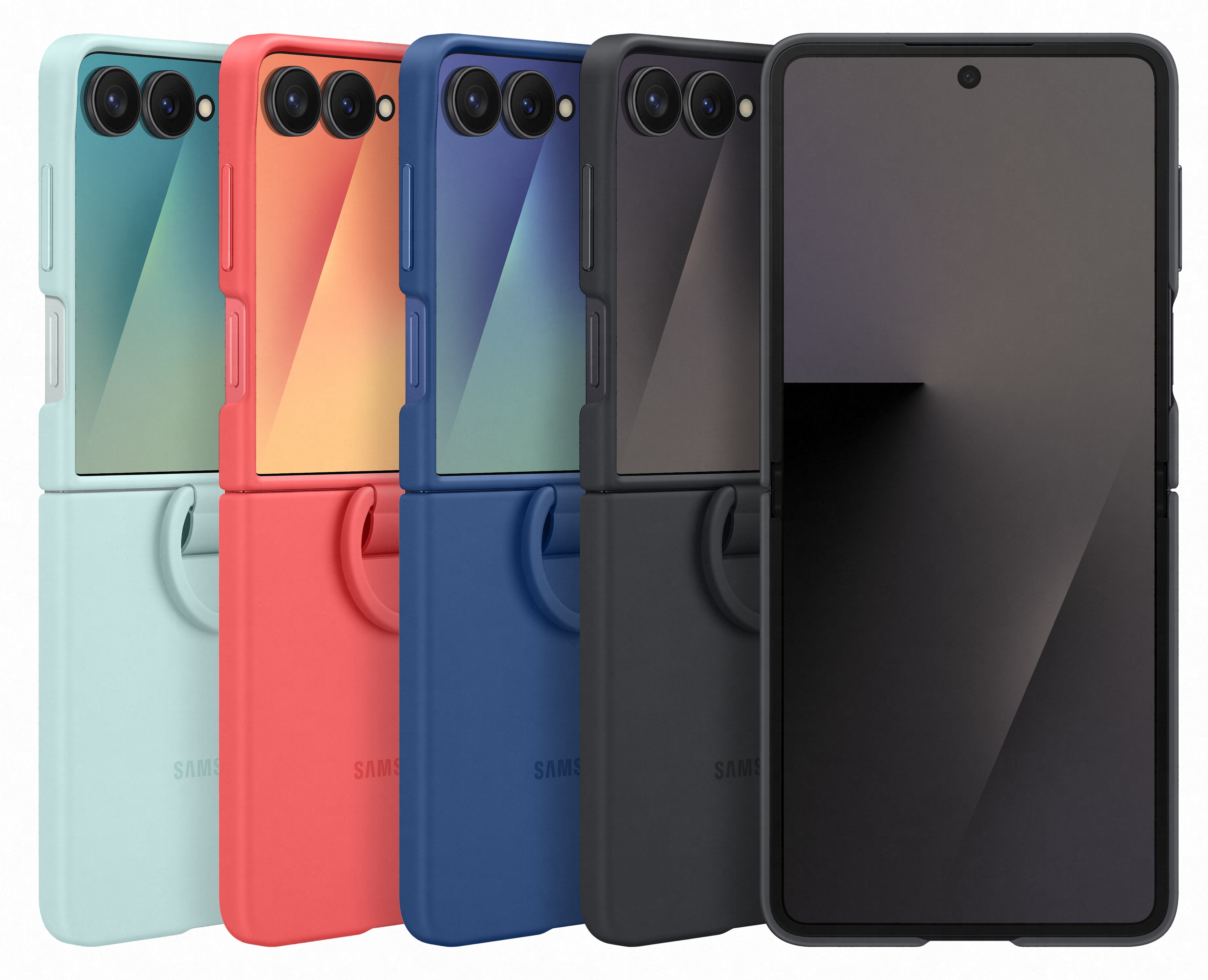 Pięć kolorowych telefonów w etui: turkusowy, koralowy, niebieski, szary i czarny. Wyświetlacze telefonów są ciemne. Etui mają logo Samsung.
