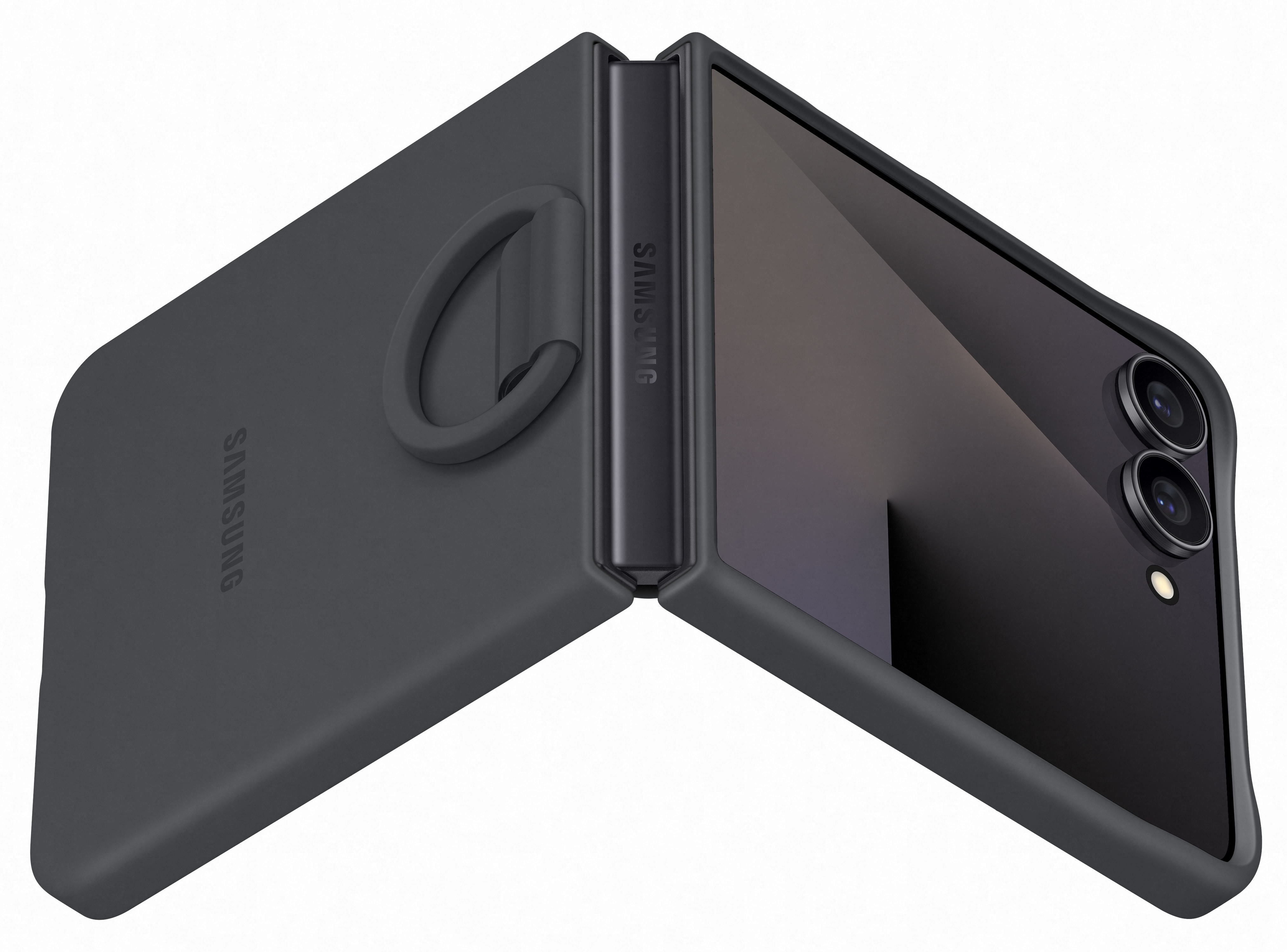 Szary składany telefon Samsung, częściowo otwarty, z uchwytem pierścieniowym. Telefon ma logo Samsung.