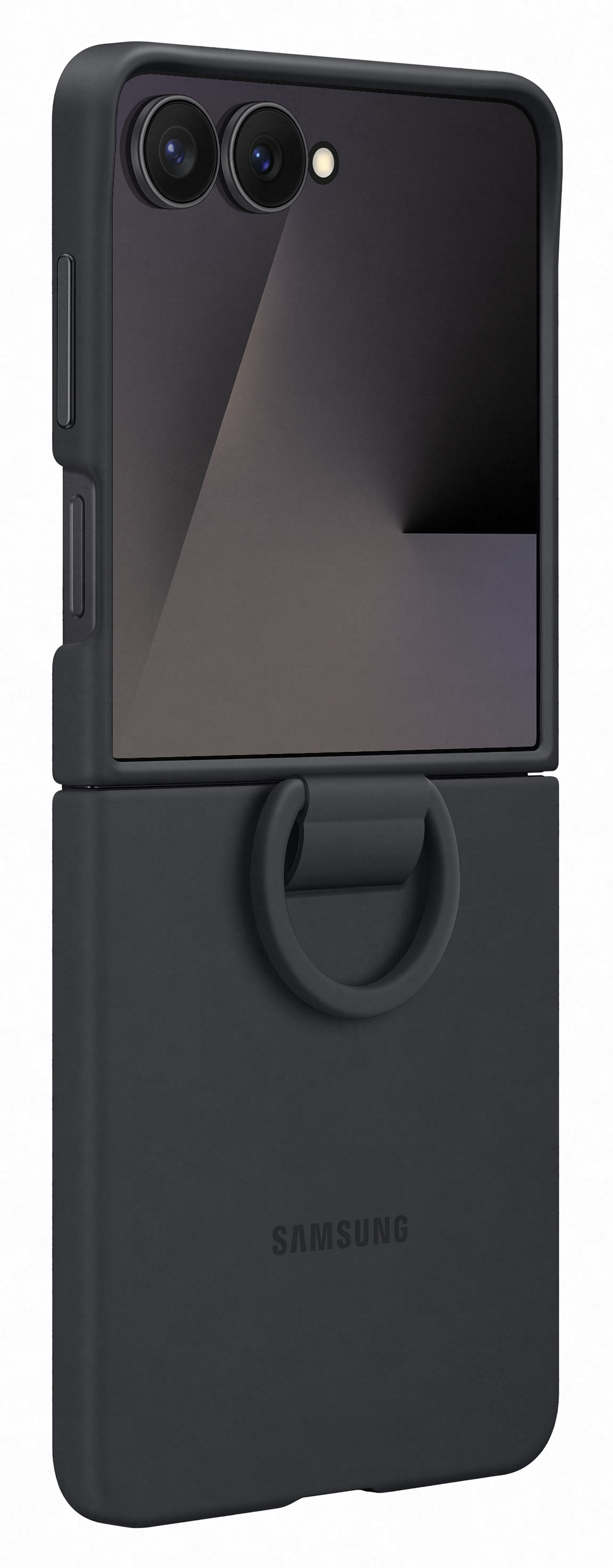 Czarny futerał na telefon, złożony. Posiada dwa obiektywy aparatu, uchwyt pierścieniowy i logo Samsung. Ekran jest widoczny.