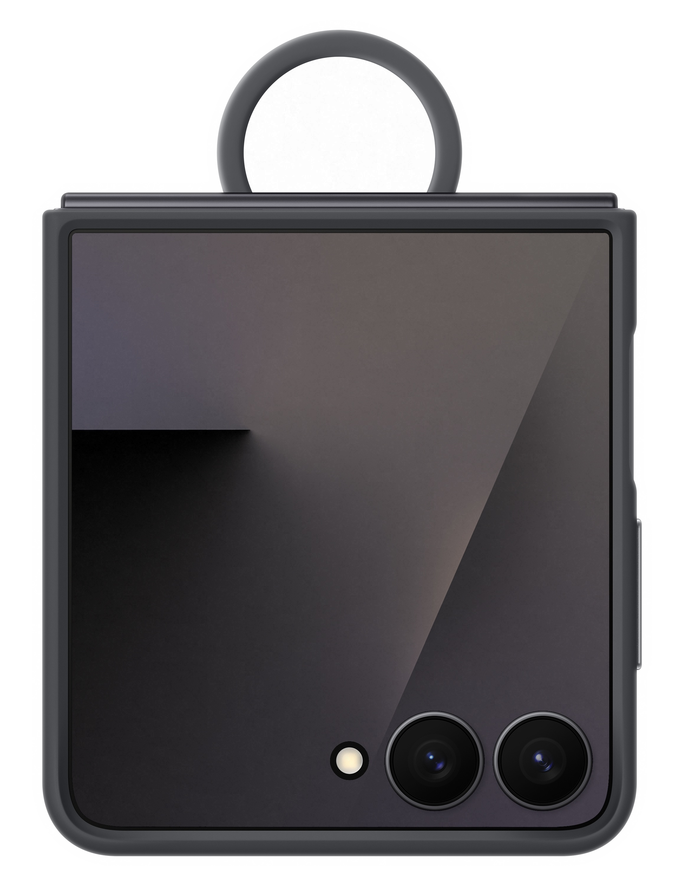 Zamknięty, ciemnoszary składany telefon z aparatem i uchwytem. Tło jest czarne.