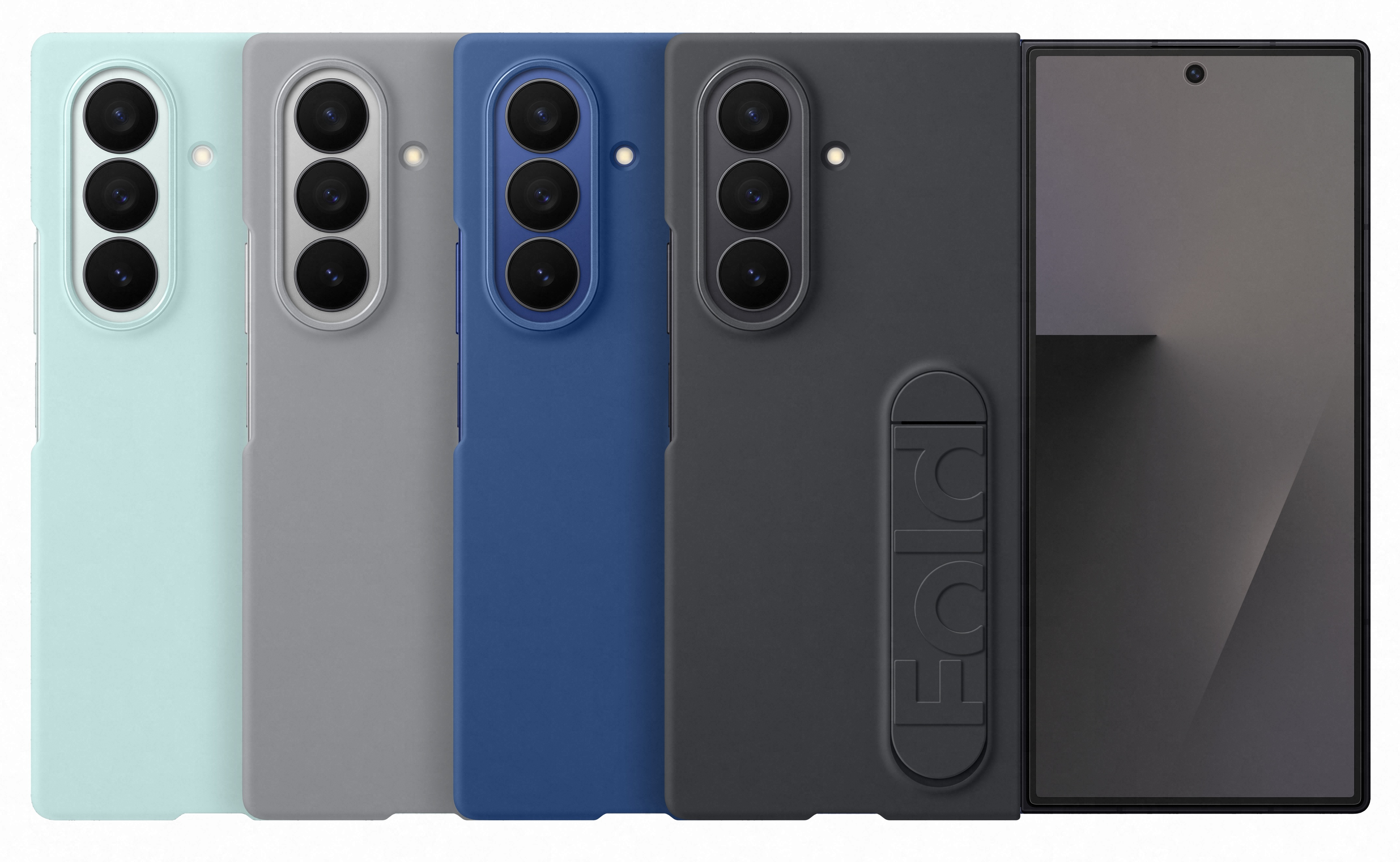 Obraz przedstawia etui na telefony w różnych kolorach, w tym niebieskim, szarym i czarnym. Każde etui ma trzy obiektywy aparatu.