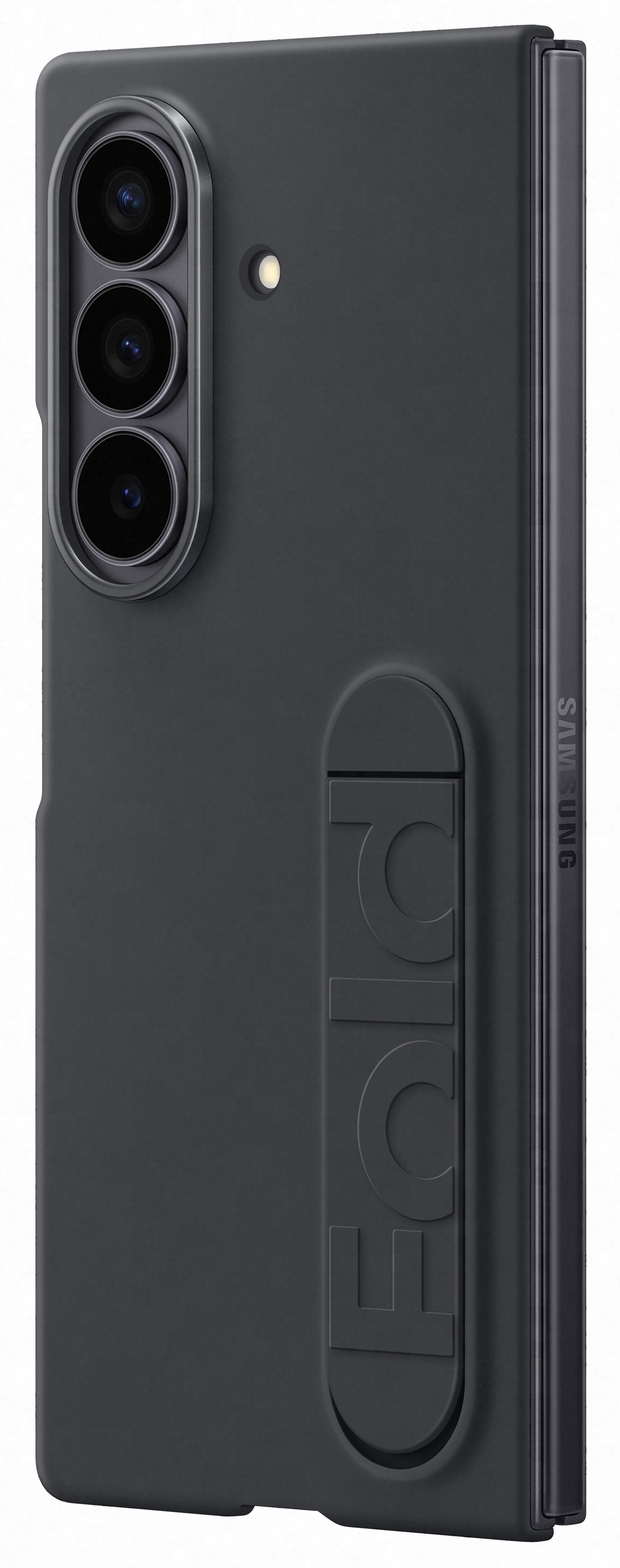 Ciemnoszare etui na telefon Samsung. Posiada moduł aparatu i wytłoczony napis "Fold" oraz logo Samsung.
