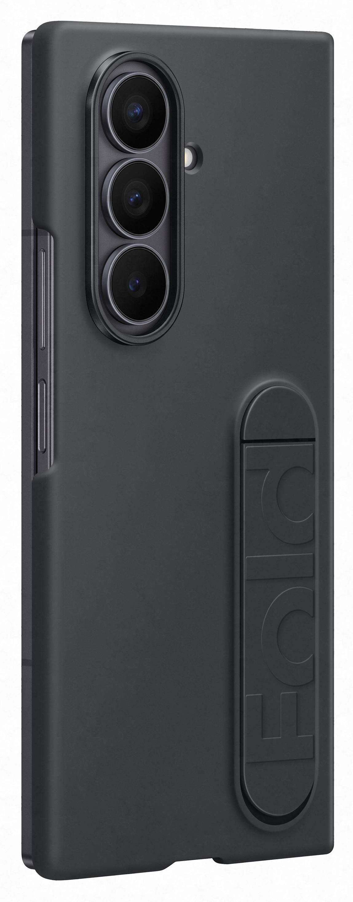 Ciemnoszare etui na telefon składany. Posiada zestaw kamer, przyciski głośności i podpórkę z napisem 'FOLD'.