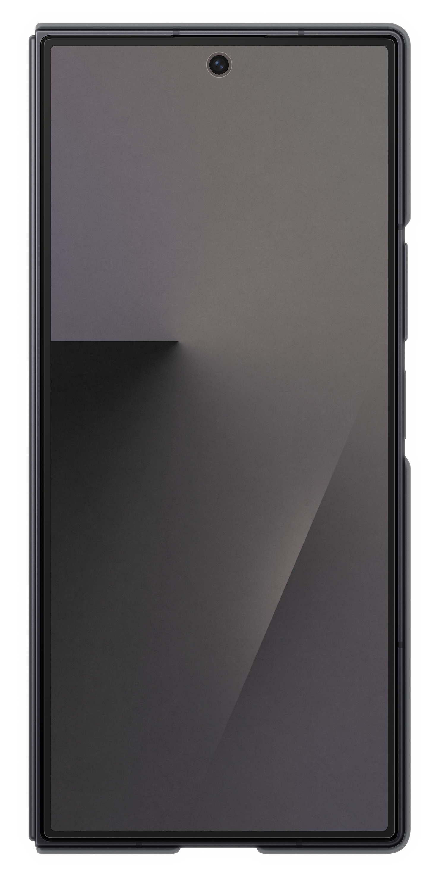 Smartfon z ciemnoszarym ekranem. Na górze widoczny jest aparat. Telefon jest czarny i ma białą ramkę.