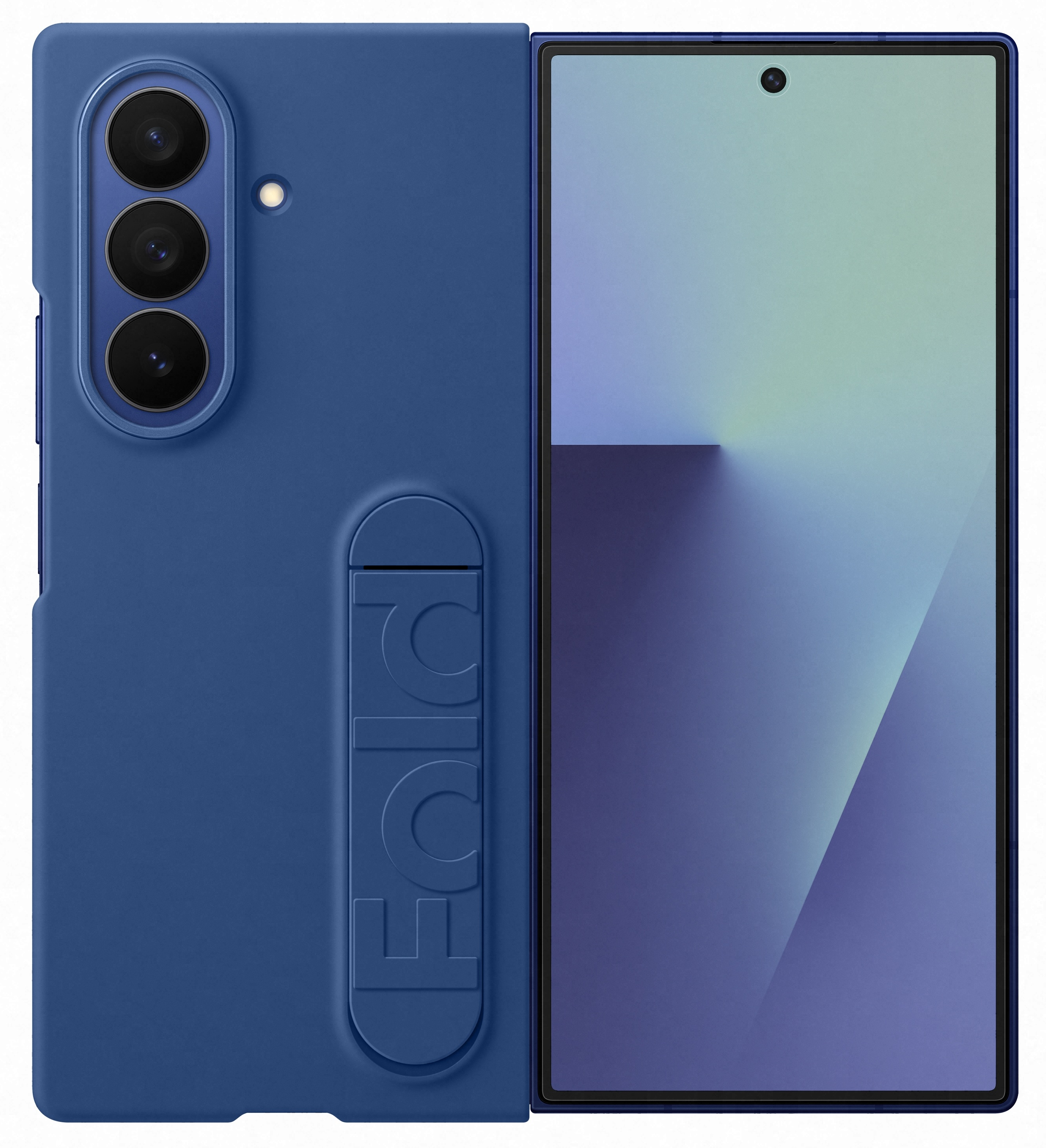 Niebieskie etui na telefon z telefonem w środku. Etui ma słowo FOLD dużymi literami. Ekran ma gradient.