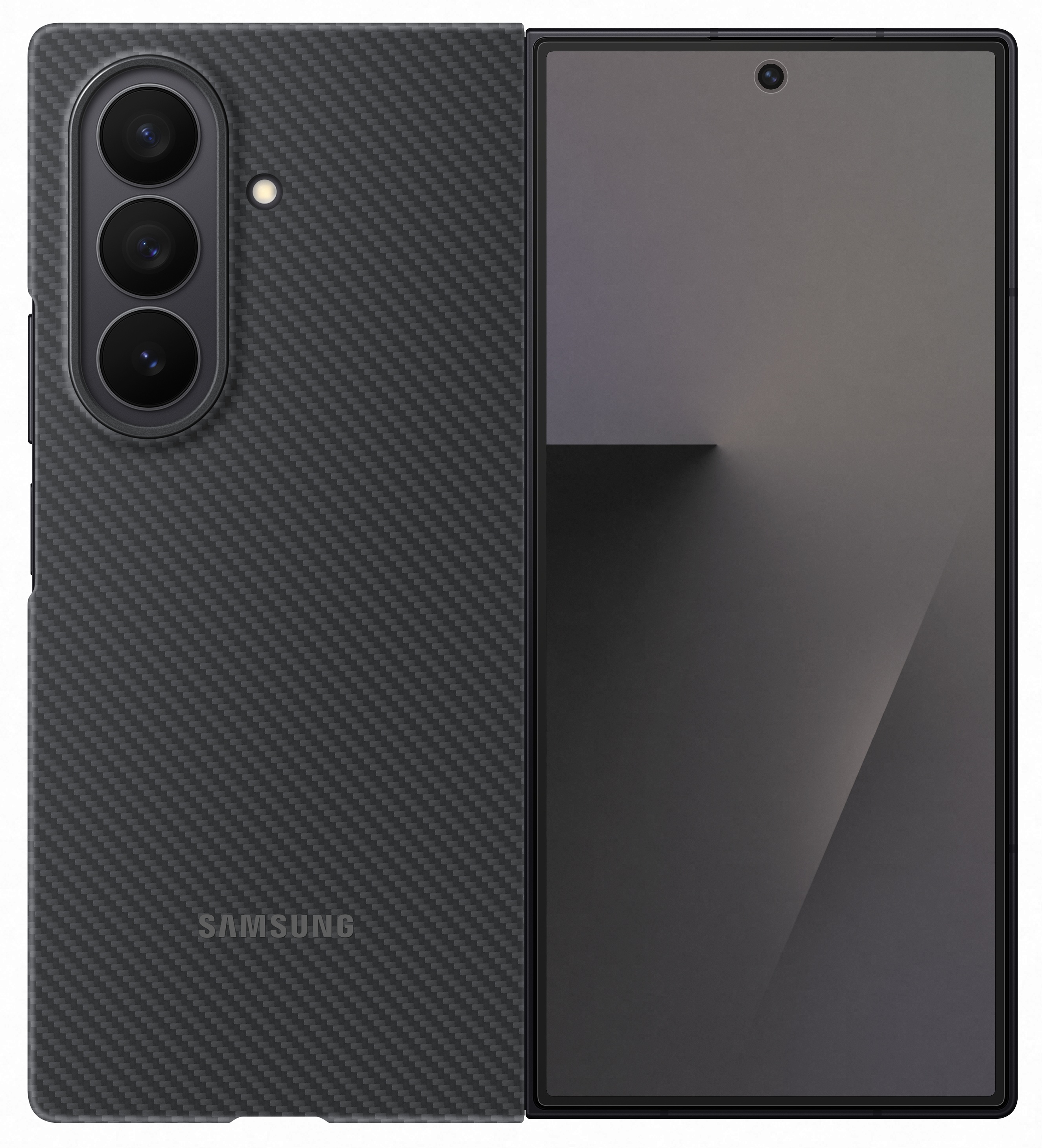 Czarny składany telefon Samsung jest otwarty, pokazując ekran i tył z włókna węglowego. Widoczne obiektywy aparatu.