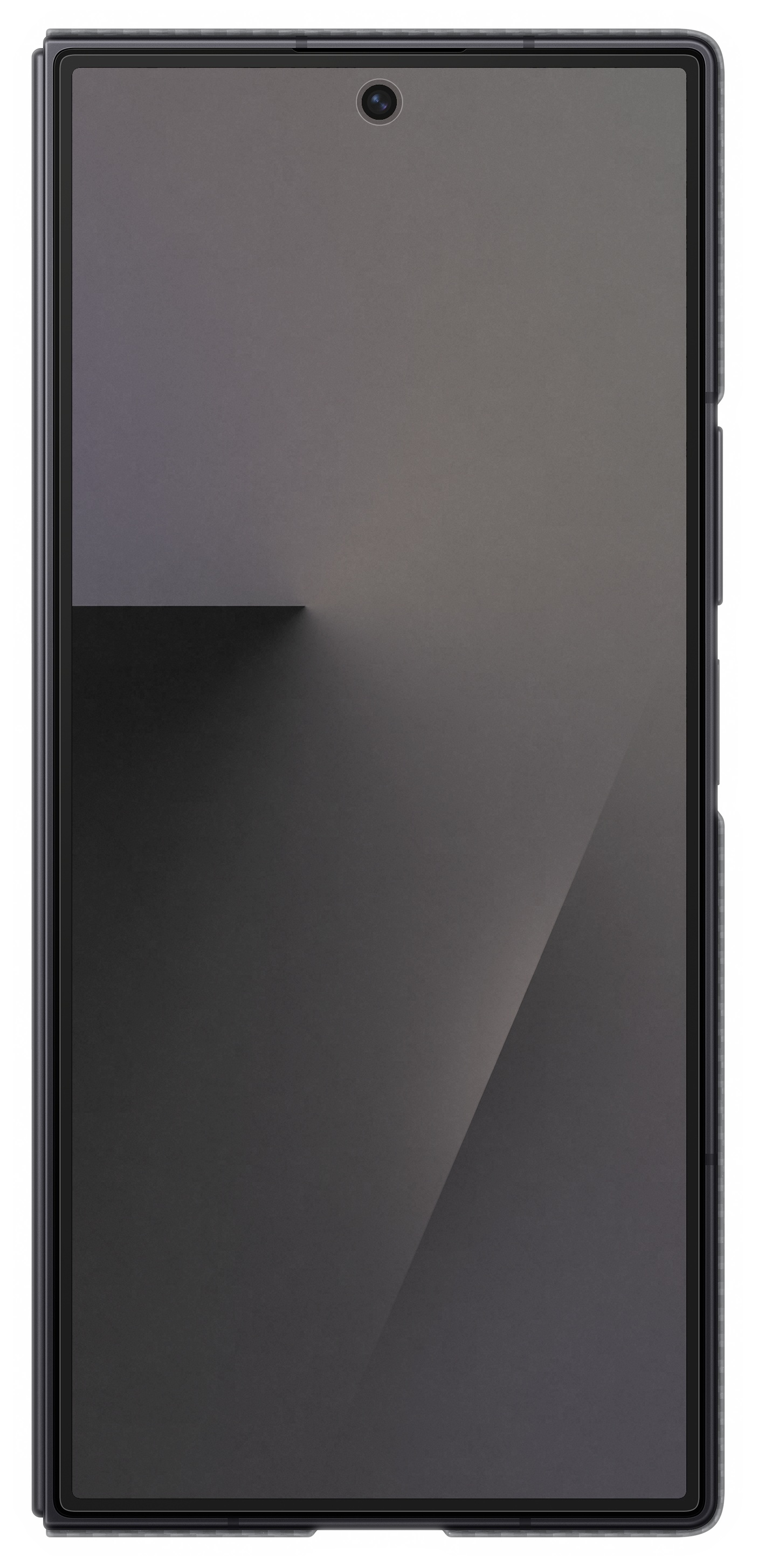 Smartfon z ciemnym ekranem, aparatem u góry. Ma ciemną ramkę i biały kontur. Ekran ma odbicia światła.