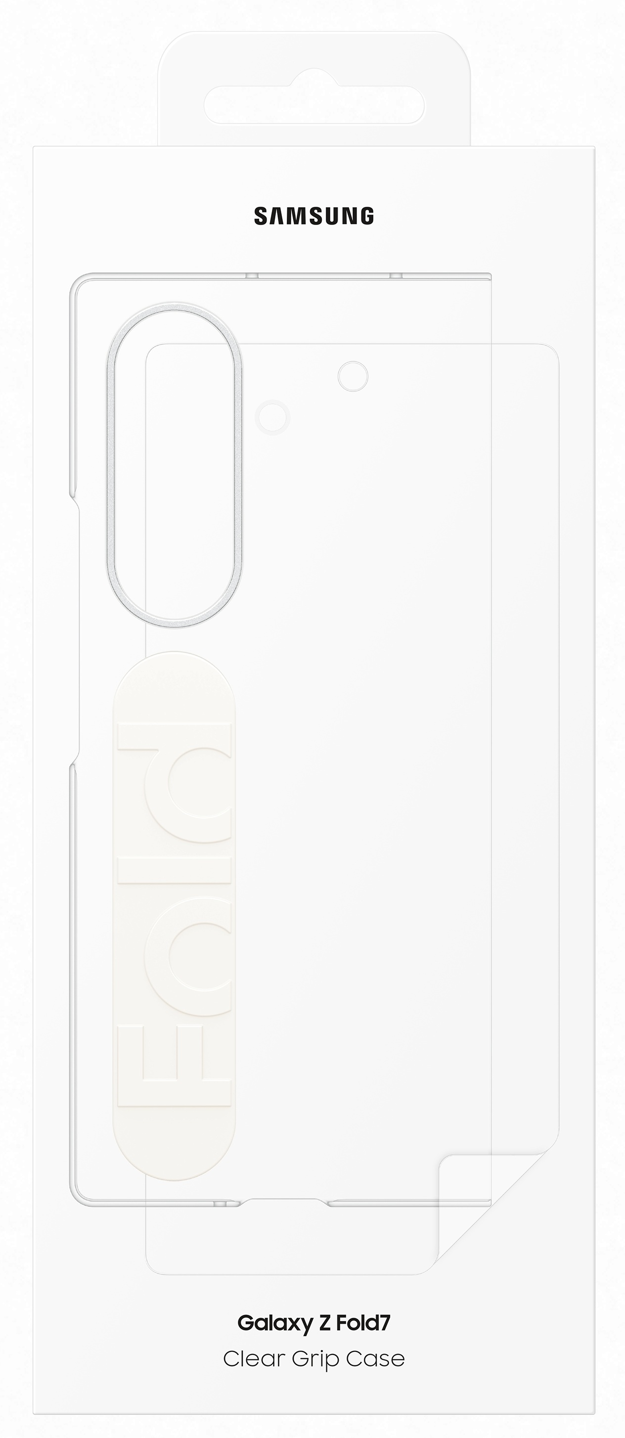 Przezroczyste etui Samsung Galaxy Z Fold7 w białym pudełku. Pudełko ma logo Samsung i nazwę modelu telefonu.