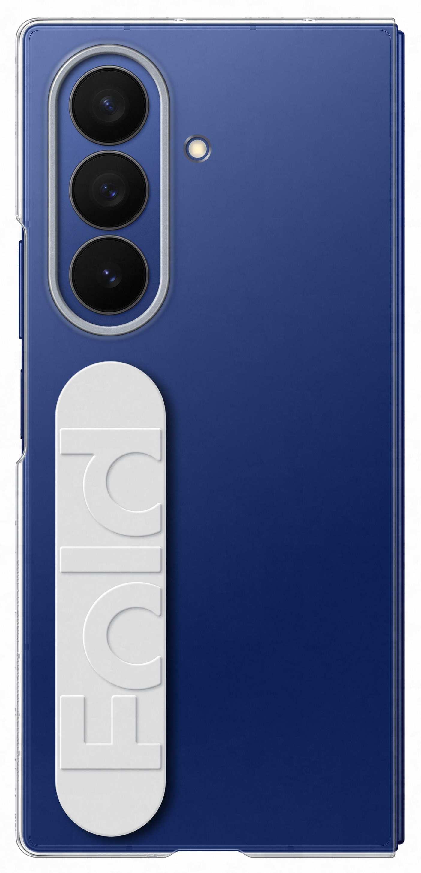 Niebieski telefon z trzema aparatami, lampą błyskową i białą podstawką z napisem FOLD.