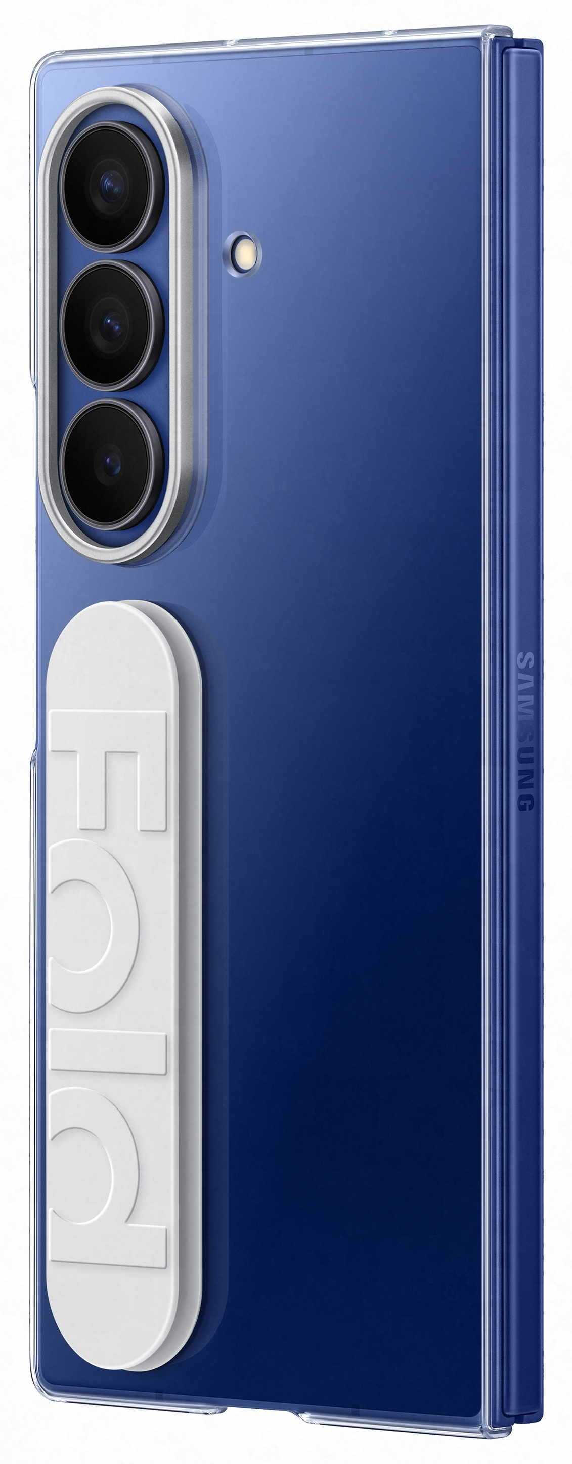 Niebieski smartfon z białą podstawką i obiektywami aparatu. Widoczna jest nazwa marki SAMSUNG.