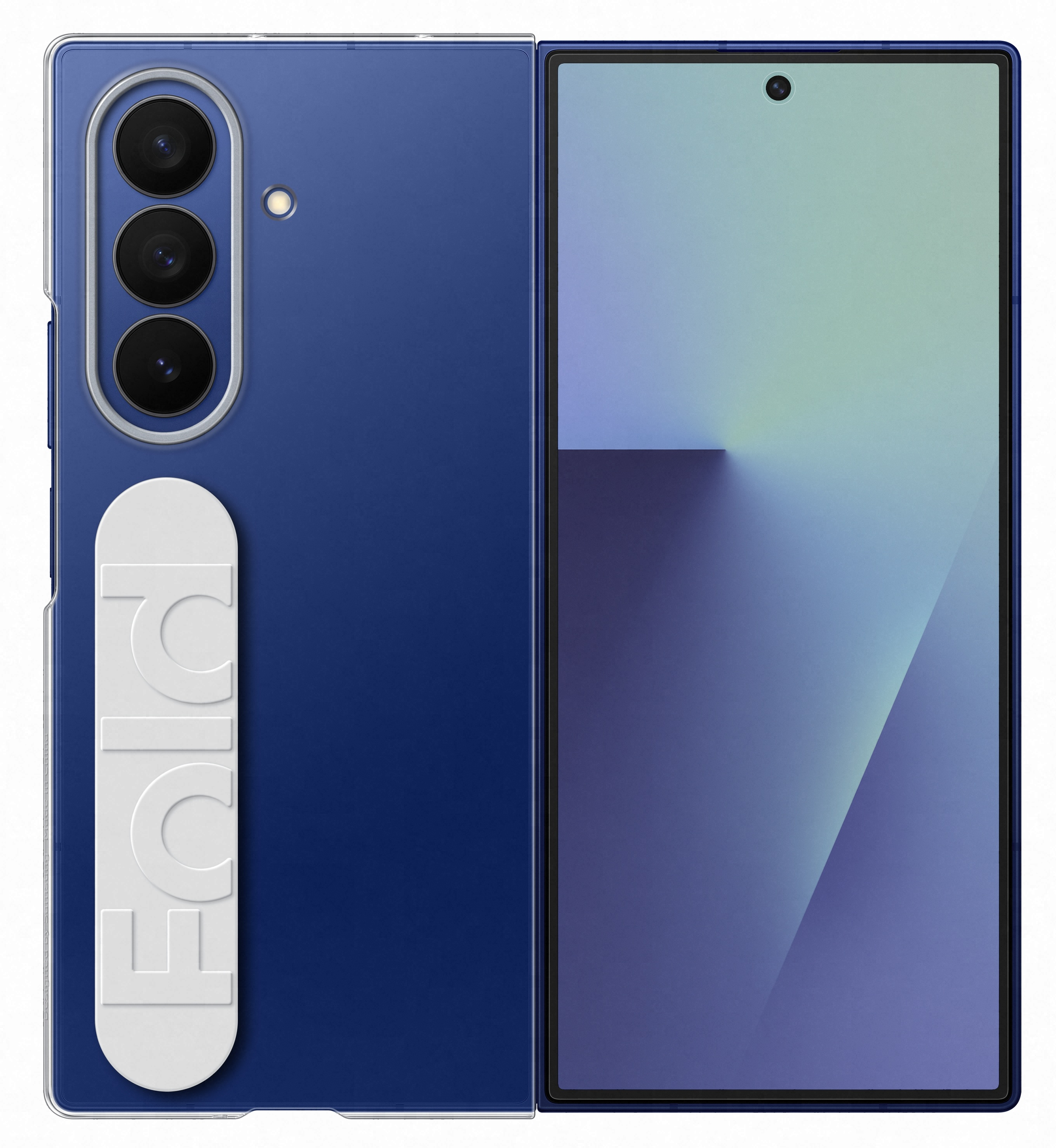 Wyświetlany jest niebieski telefon składany. Posiada biały uchwyt z napisem FOLD. Ekran jest widoczny.