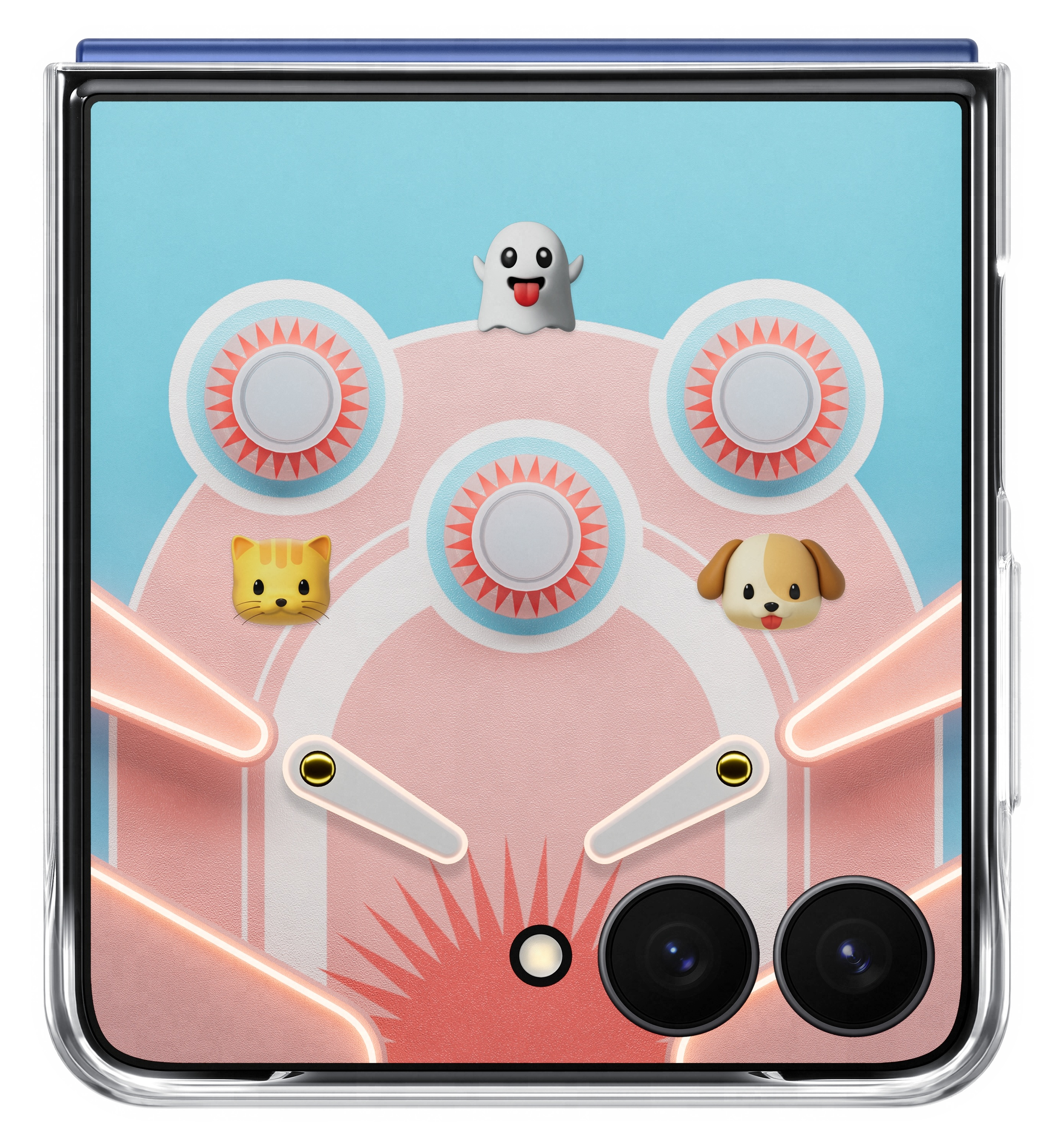 Ekran telefonu pokazuje grę w pinball z duchem, kotem i psem. Dominują kolory różowy, niebieski i biały.