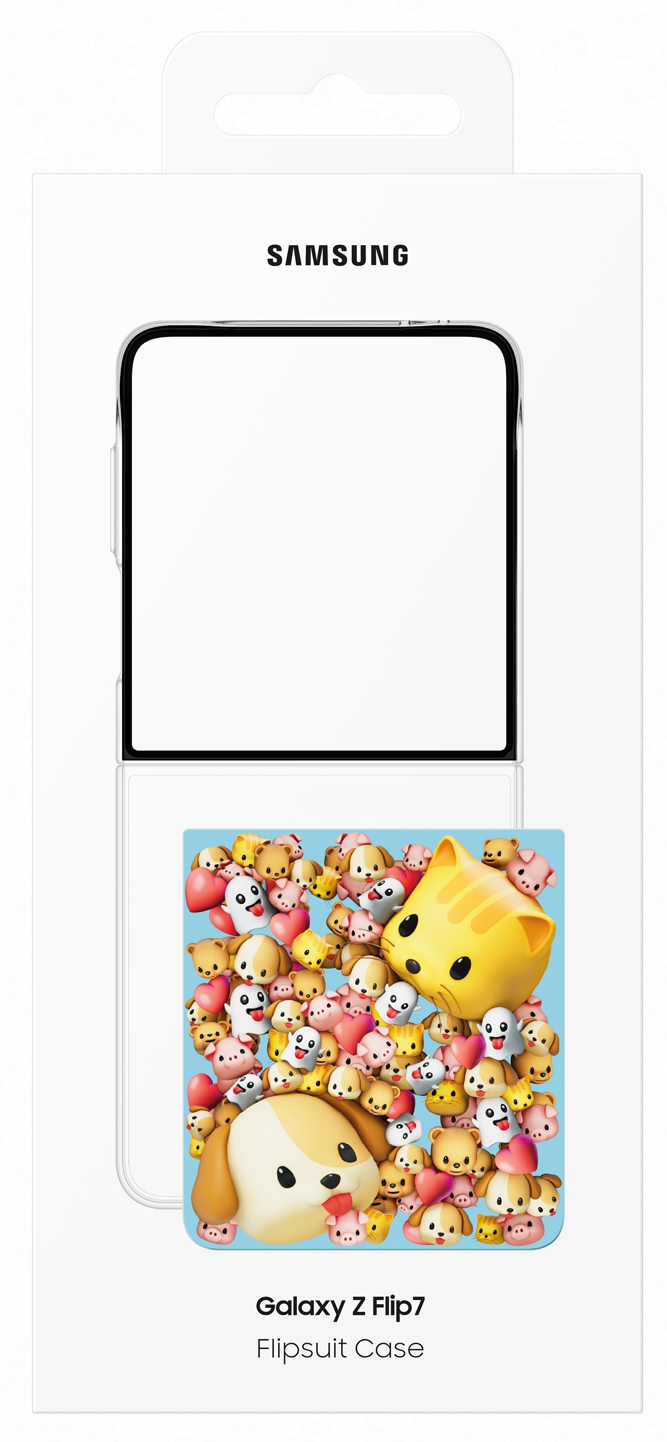 Etui Samsung Galaxy Z Flip7. Etui ma niebieskie tło z wieloma postaciami z kreskówek, takimi jak psy, koty i świnie.