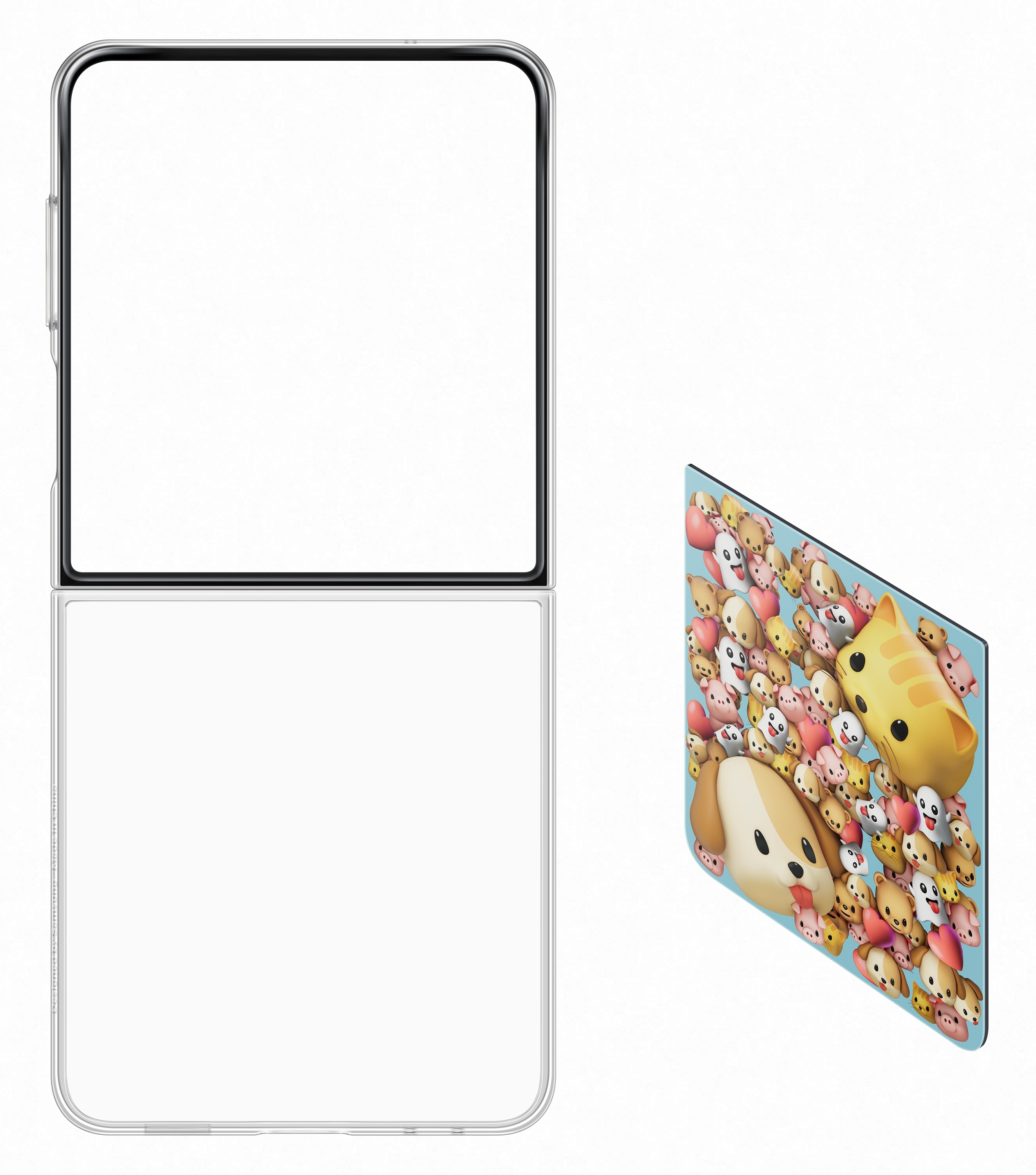 Wyświetlana jest obudowa telefonu z wzorem zwierząt z kreskówek. Obudowa jest przezroczysta, a tło białe.