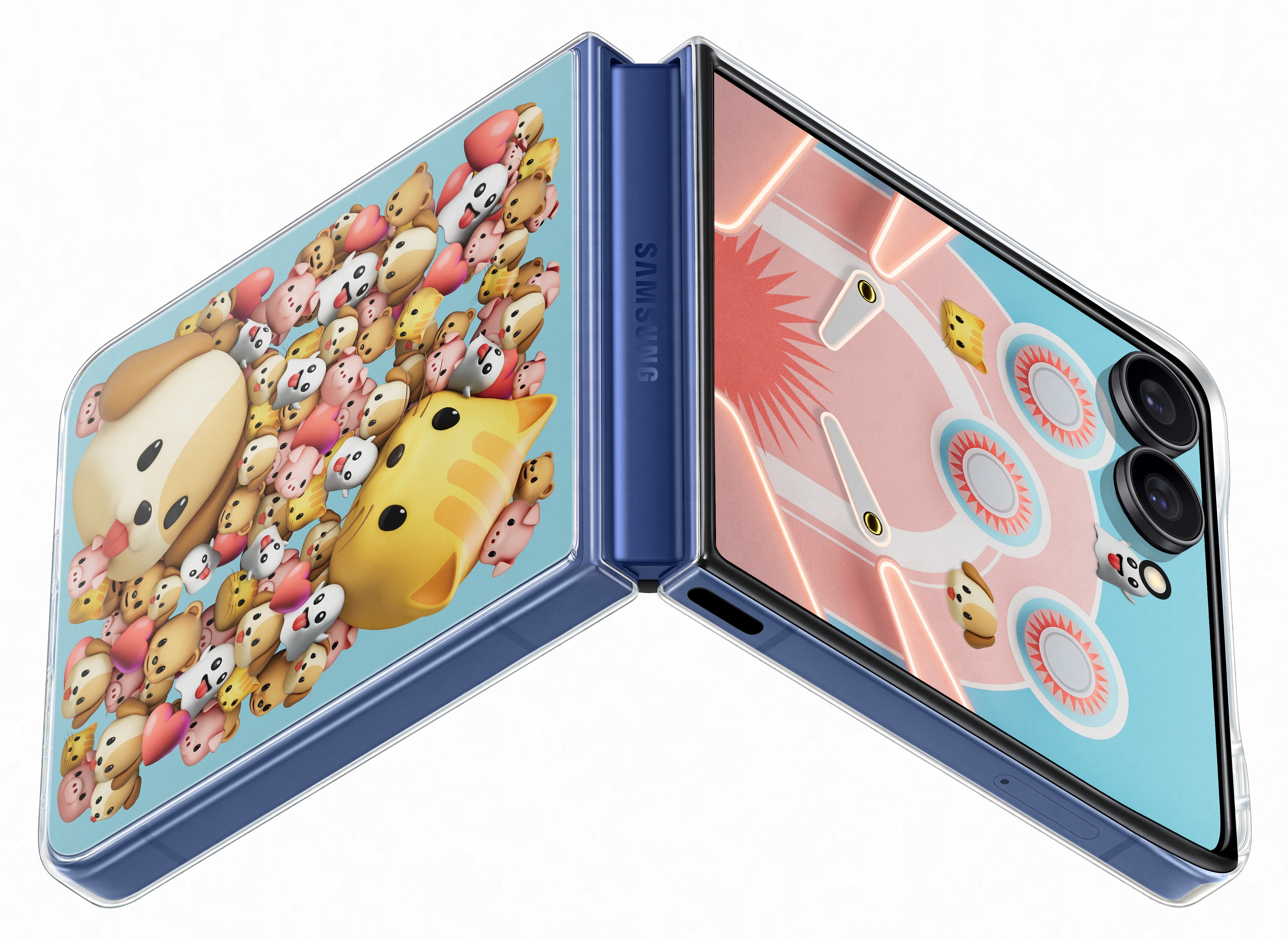 Otwarty niebieski telefon z kreskówkowymi zwierzętami. Lewy ekran ma twarze zwierząt, prawy ma design gry.