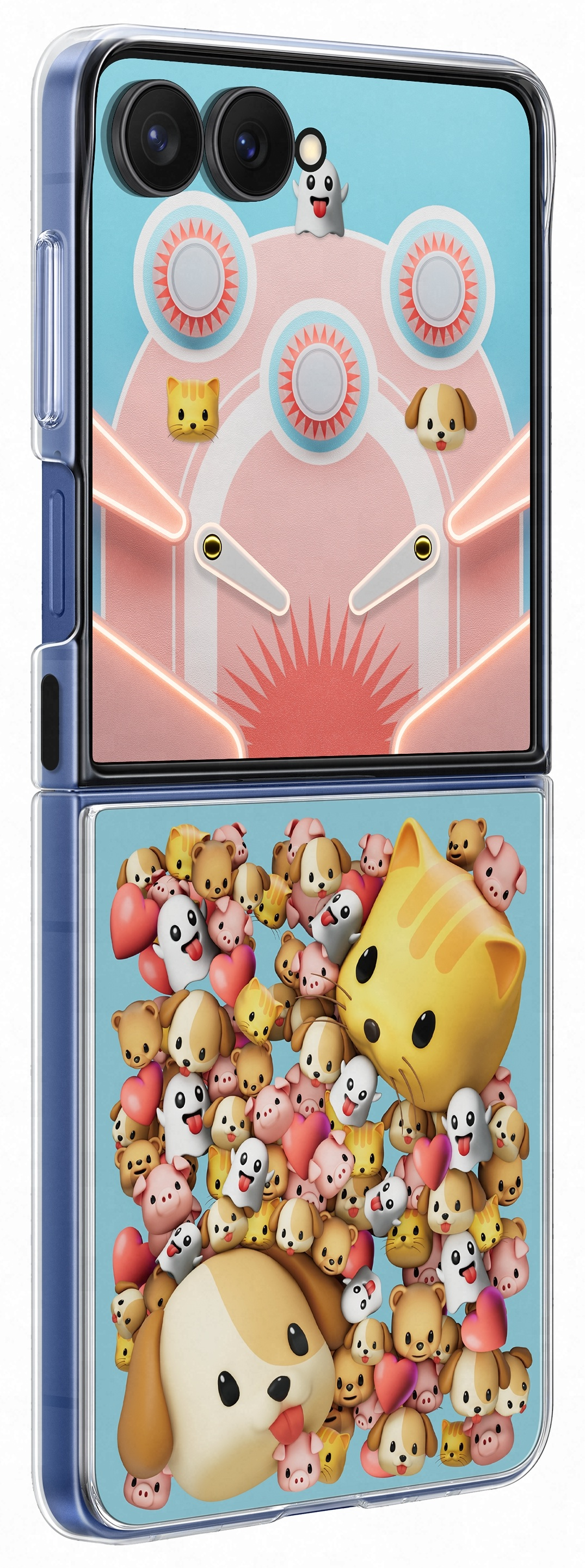 Etui na telefon z górą w kształcie flippera i zwierzętami z kreskówek. Na dole duży kot, psy, świnki, duchy i serca.