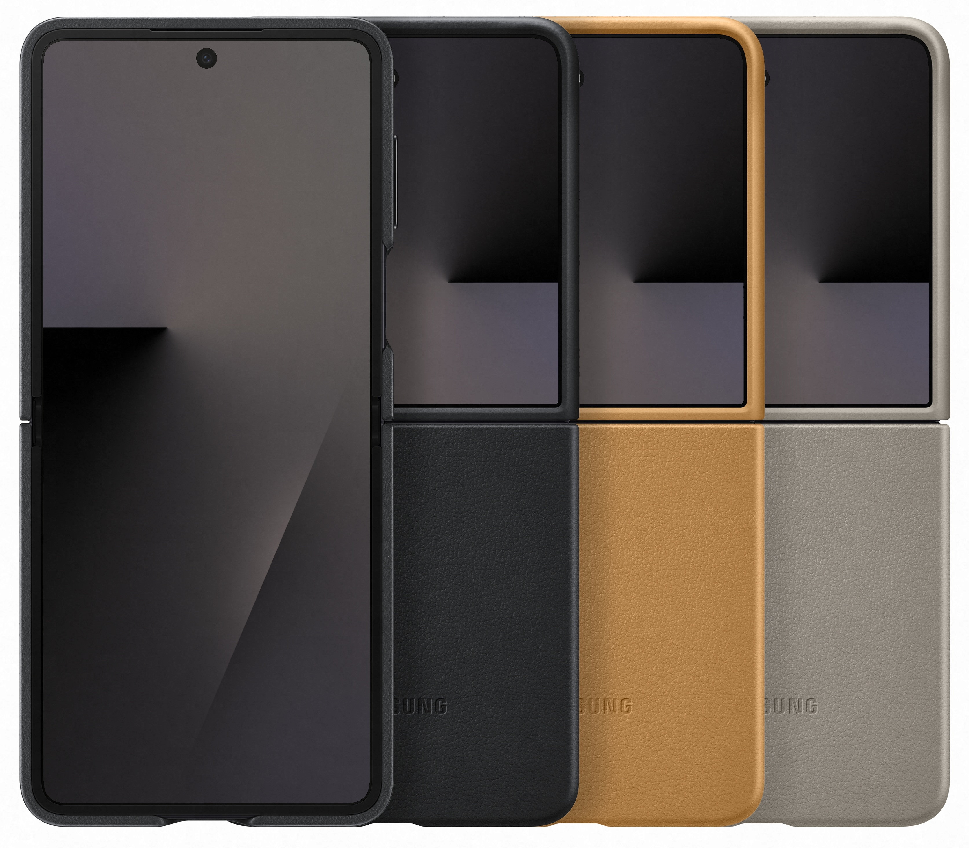 Obraz przedstawia cztery etui na telefon Samsung w kolorach czarnym, brązowym i szarym. Etui są zamknięte, pokazując ekran i pokrywę.