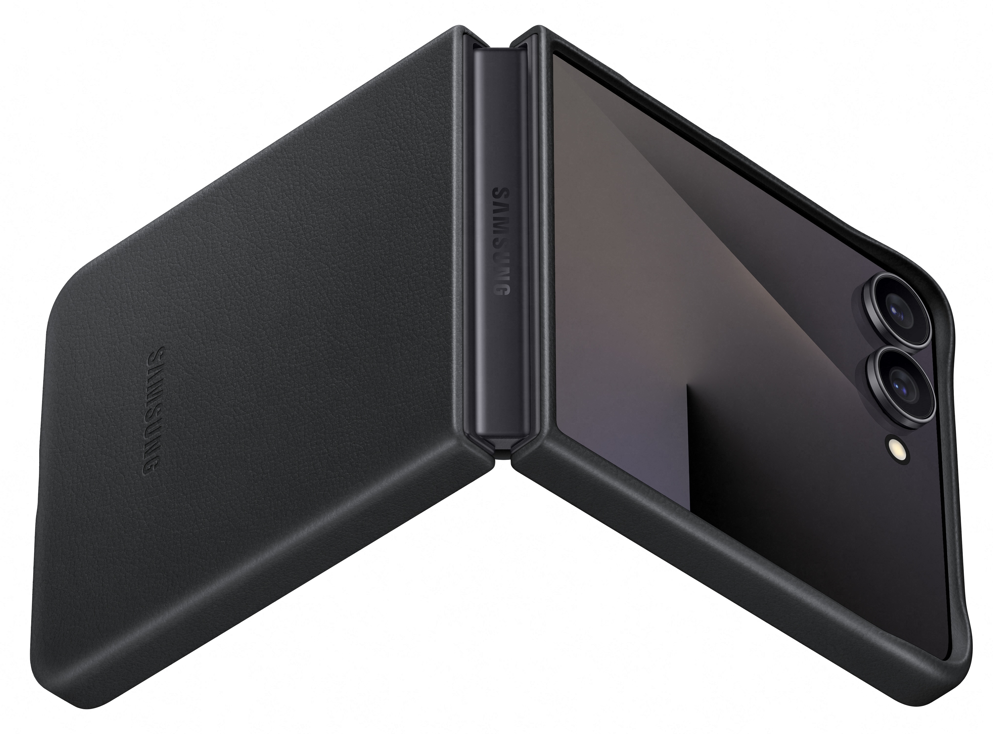 Czarny telefon Samsung, częściowo otwarty, pokazujący ekran i obiektywy aparatu. Etui ma logo Samsung.