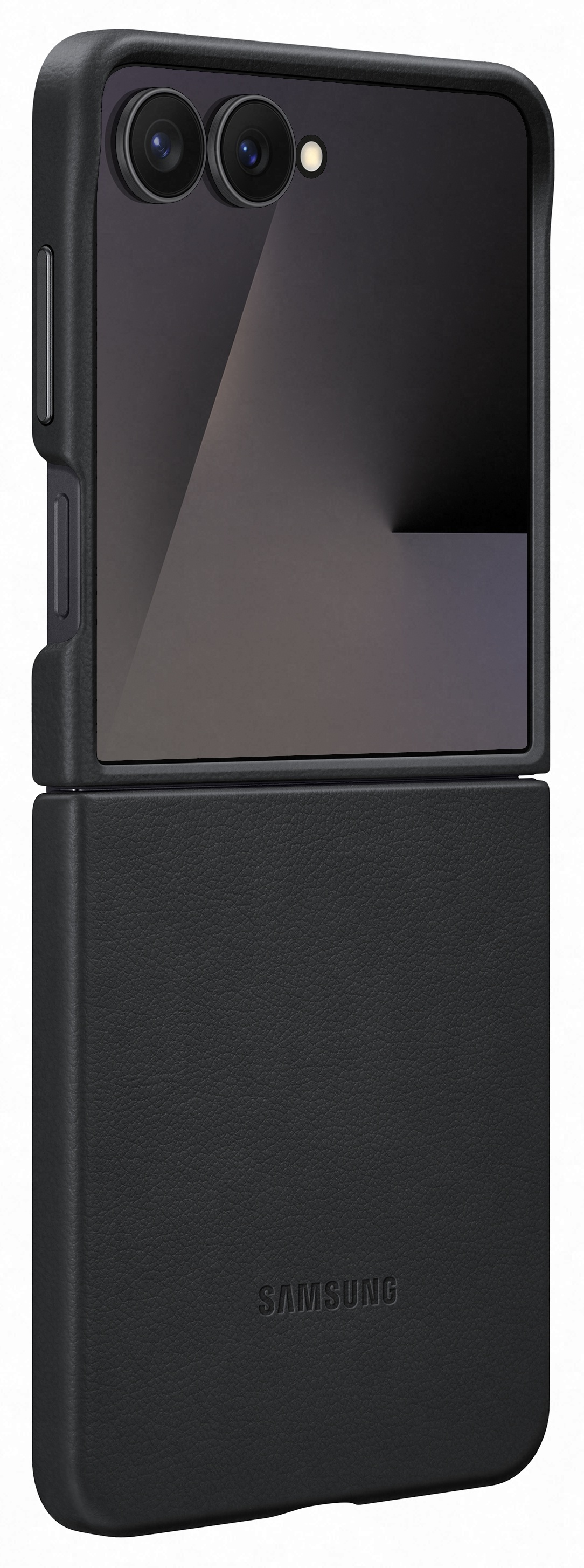 Czarne etui na telefon Samsung, otwarte. Widoczne są obiektywy aparatu, ekran i logo Samsung.