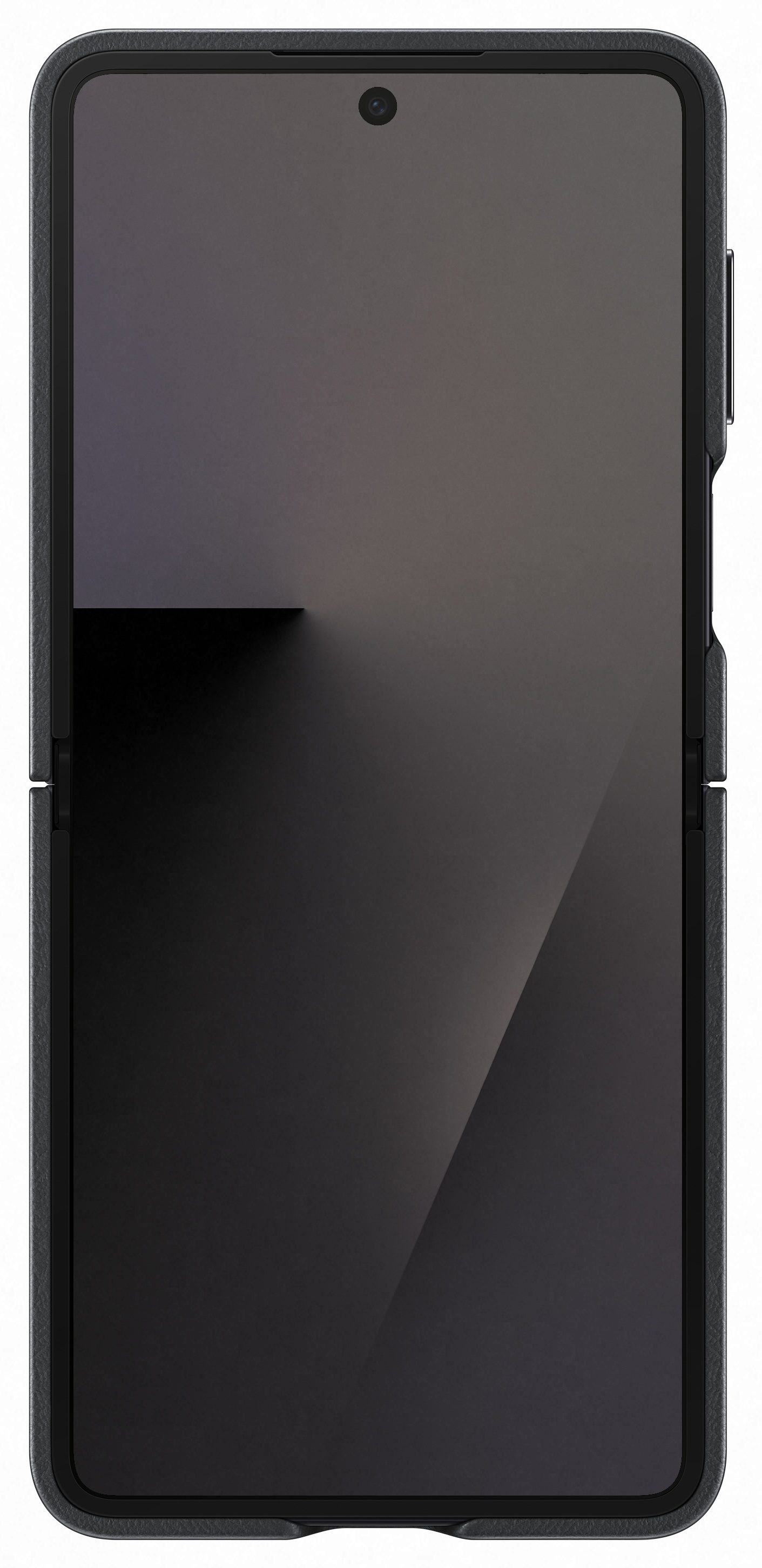 Widoczny jest czarny smartfon, częściowo otwarty. Ma aparat i ciemny ekran. Telefon jest w ciemnoszarej obudowie.