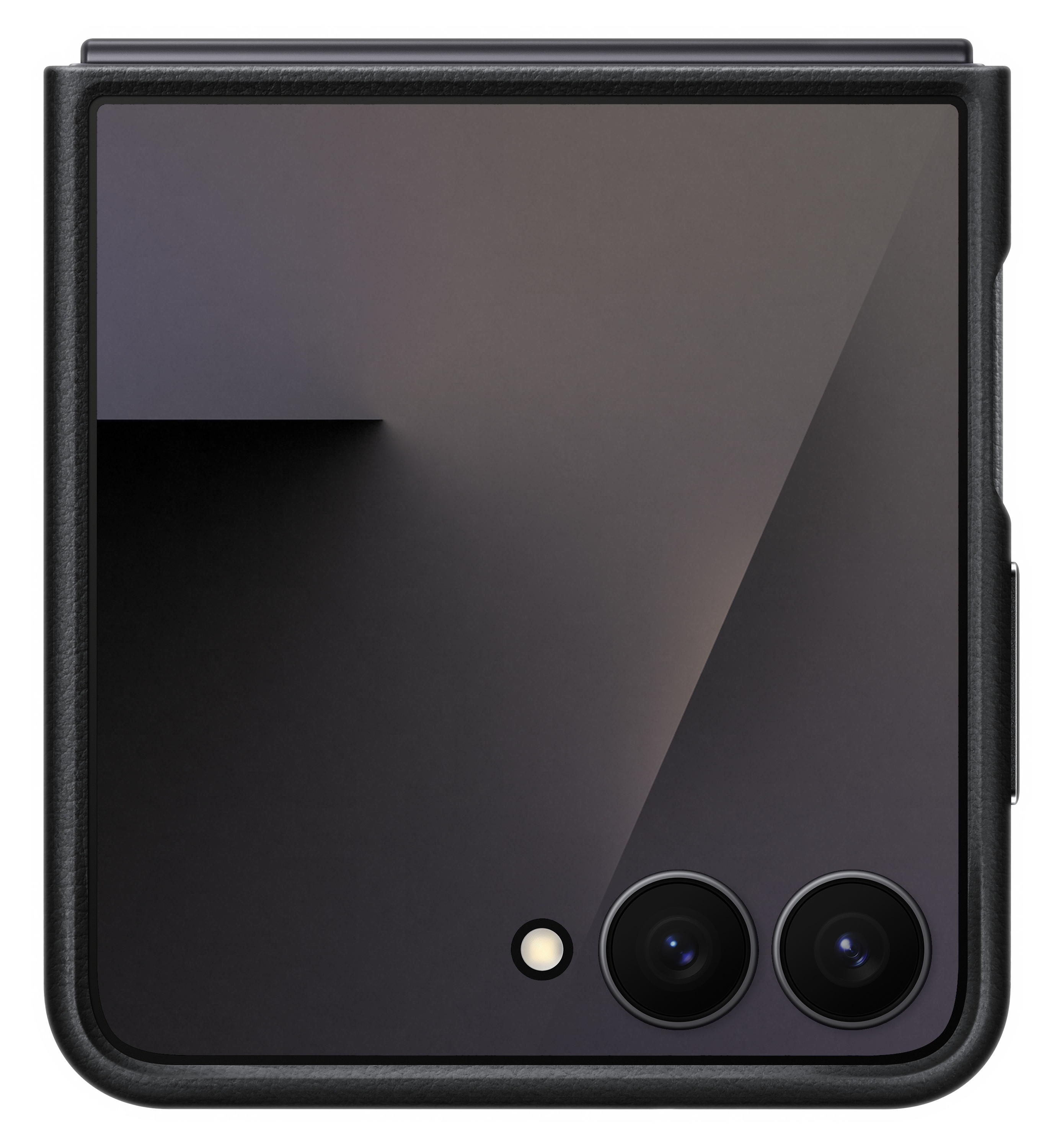 Widoczny czarny smartfon, zamknięty, z dwoma aparatami i lampą błyskową. Jest na czarnym tle.