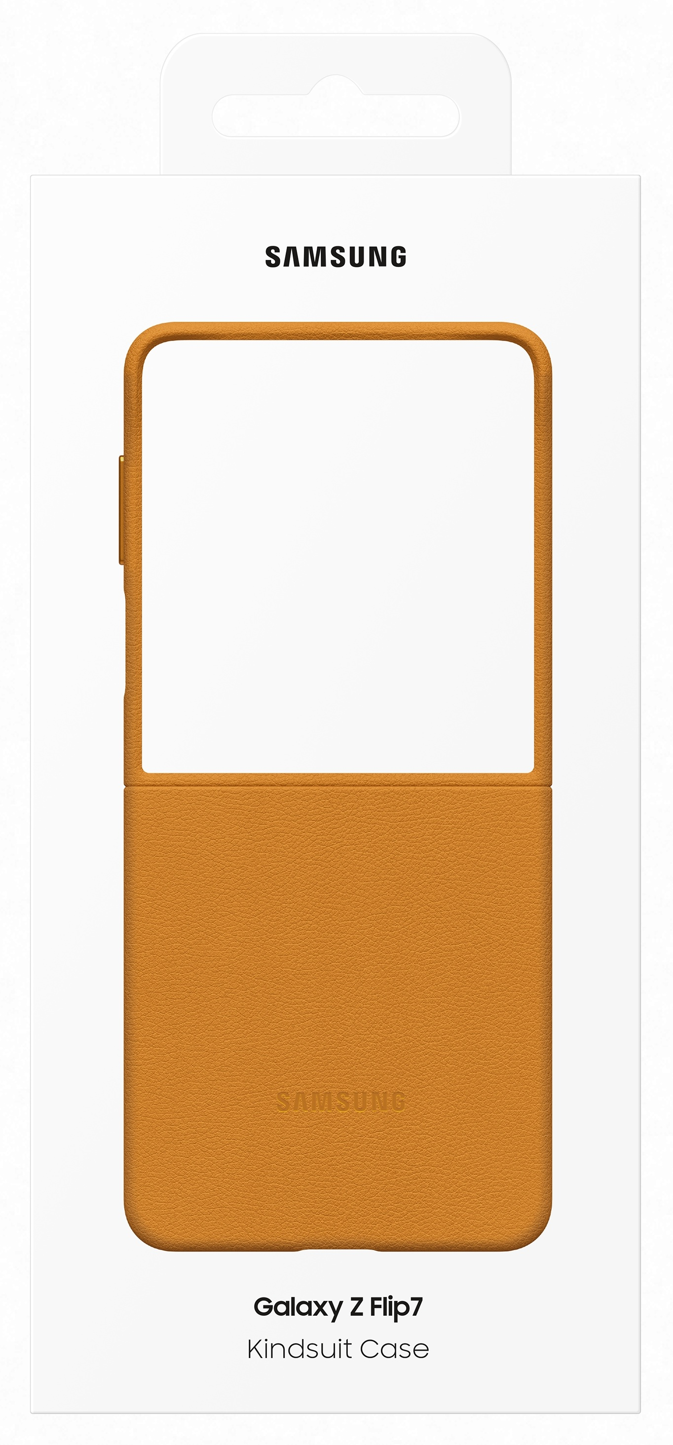 Pomarańczowe etui Samsung Galaxy Z Flip7 Kindsuit w białym pudełku. Etui jest otwarte i widoczne. Widoczna jest również nazwa marki.