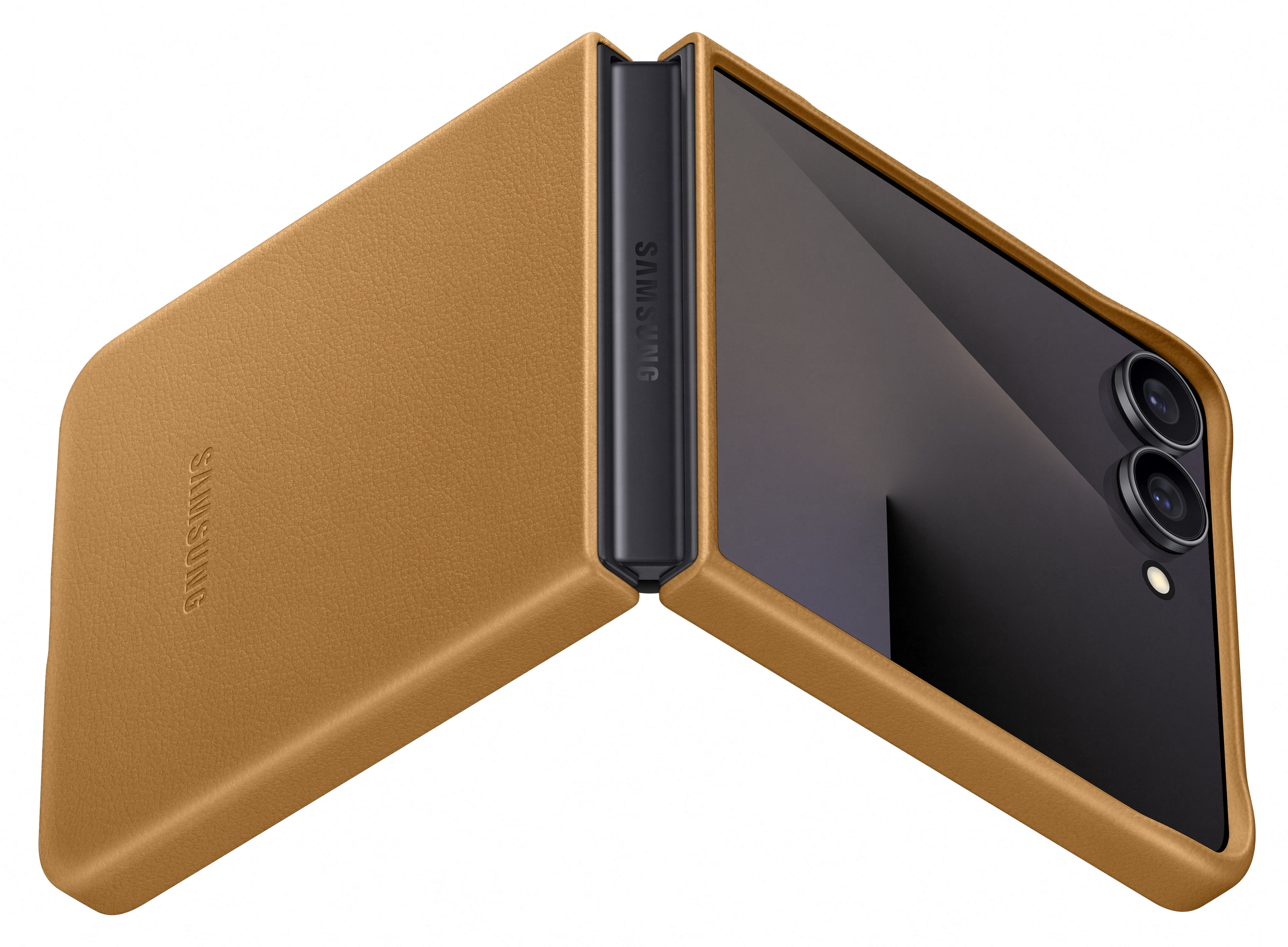 Składany telefon w brązowym skórzanym etui, częściowo otwarty. Widoczna marka 'SAMSUNG'.